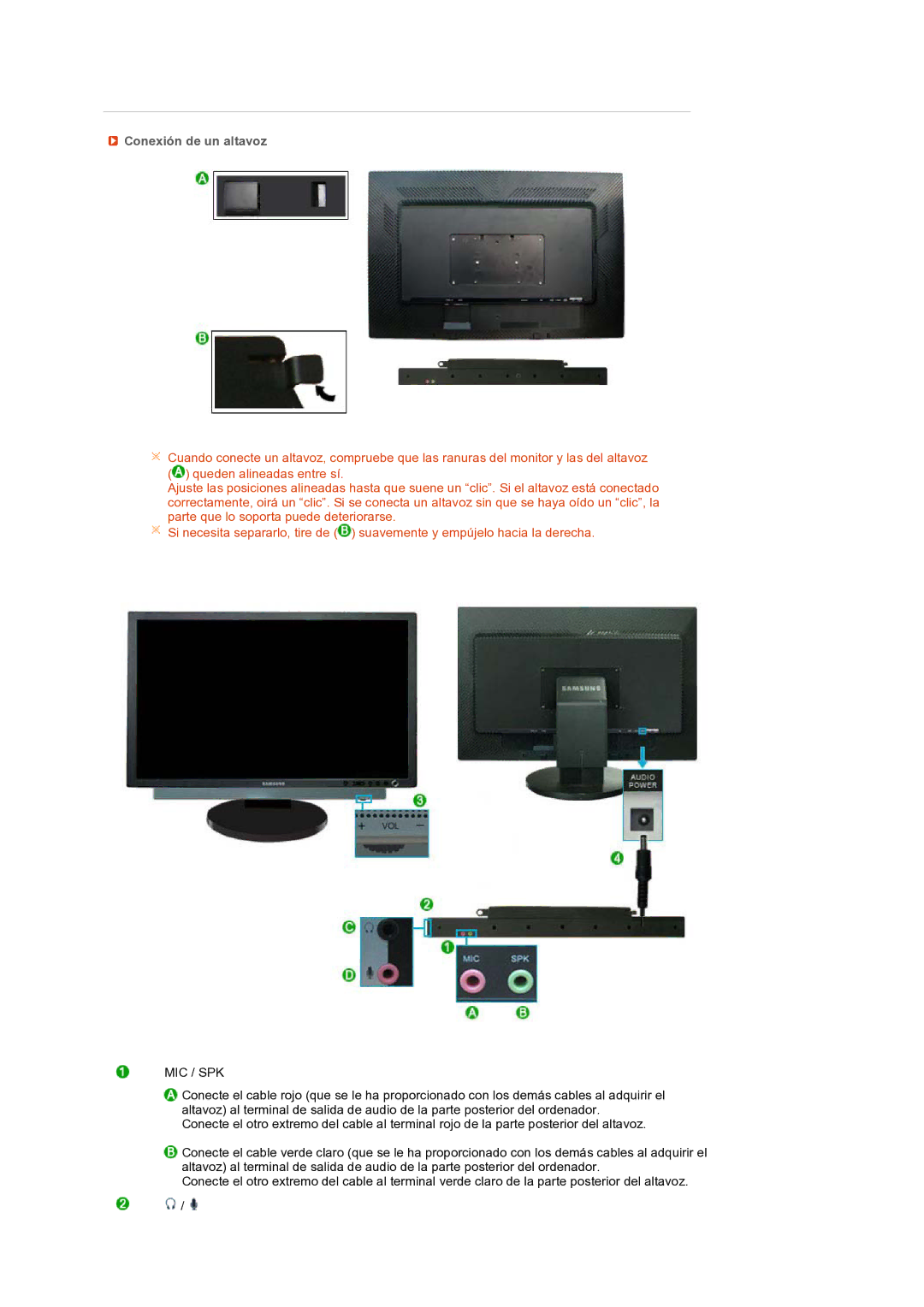 Samsung LS27HUBCB/EDC, LS27HUBCBS/EDC manual Conexión de un altavoz, Mic / Spk 