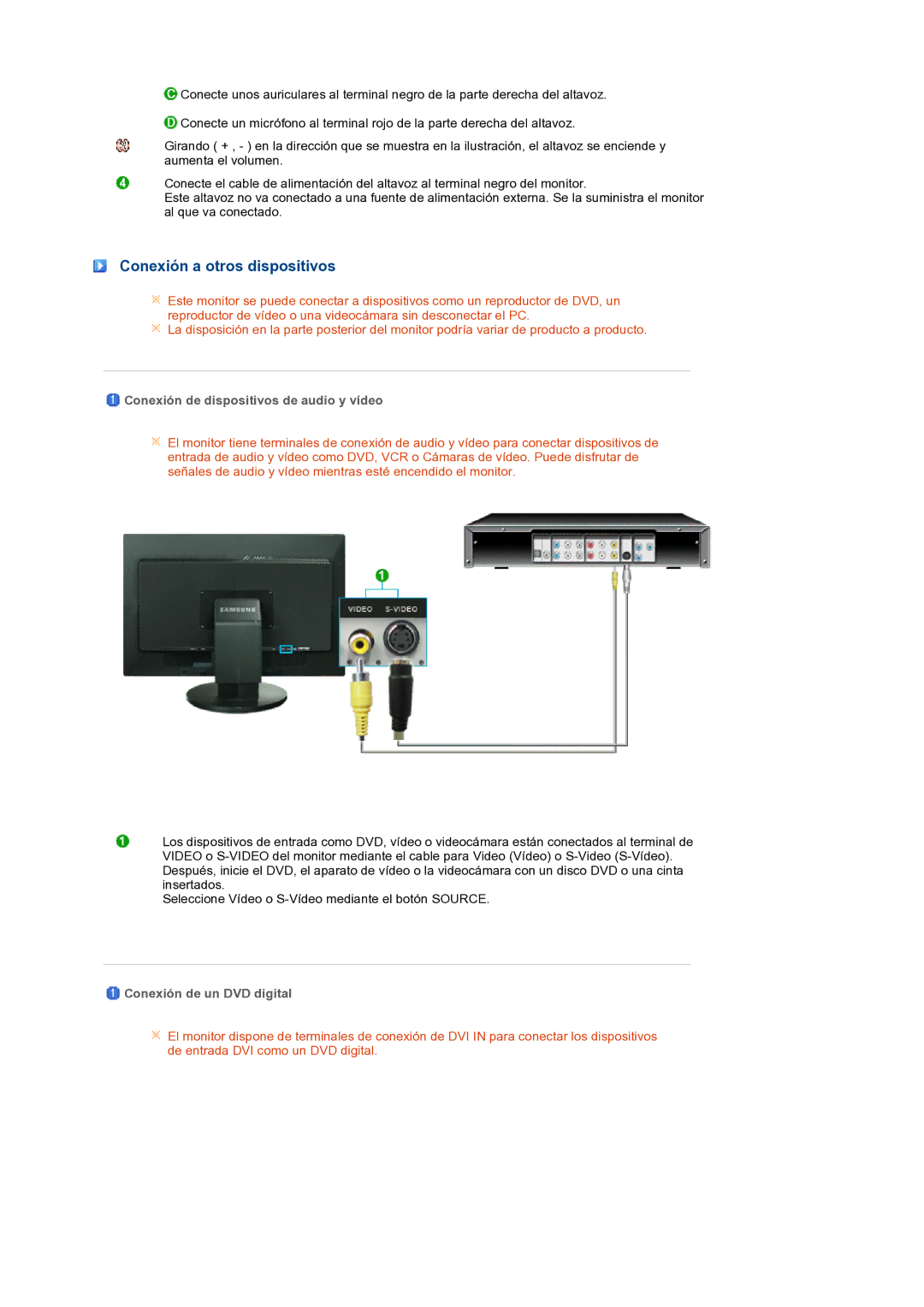 Samsung LS27HUBCBS/EDC, LS27HUBCB/EDC manual Conexión a otros dispositivos, Conexión de dispositivos de audio y vídeo 