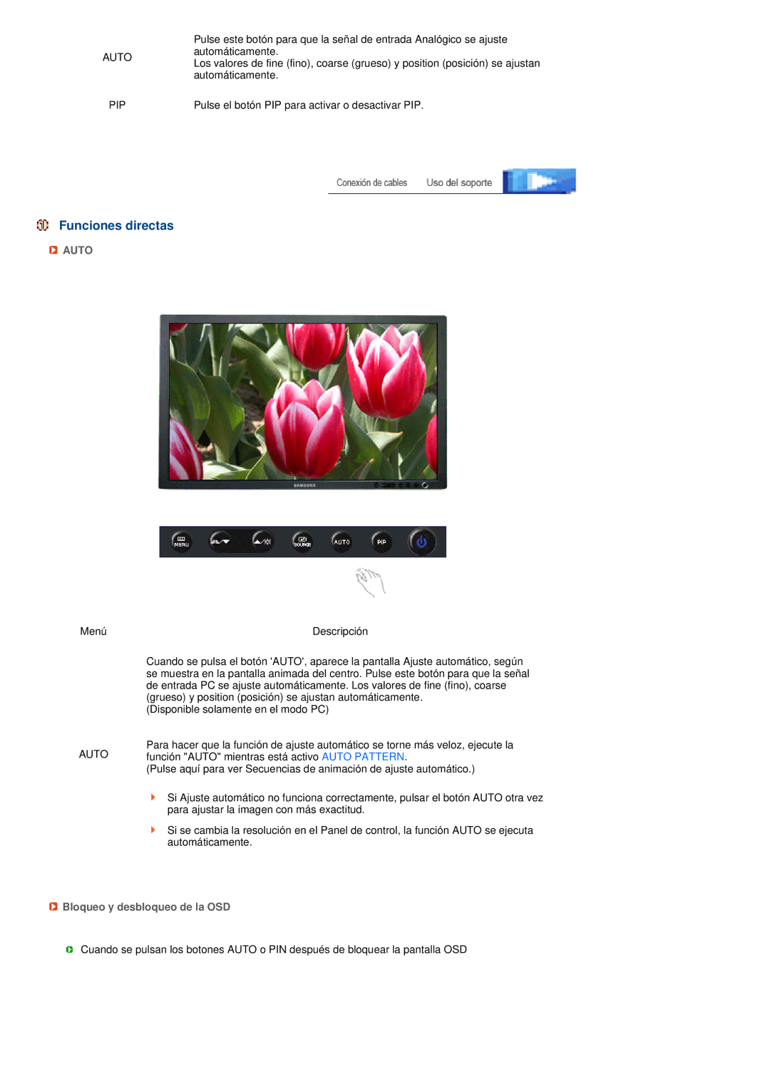 Samsung LS27HUBCBS/EDC, LS27HUBCB/EDC manual Funciones directas, Auto PIP, Bloqueo y desbloqueo de la OSD 