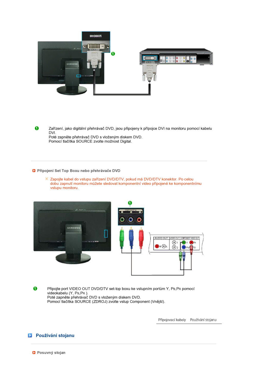 Samsung LS27HUBCB/EDC, LS27HUBCBS/EDC manual Používání stojanu, Připojení Set Top Boxu nebo přehrávače DVD, Posuvný stojan 