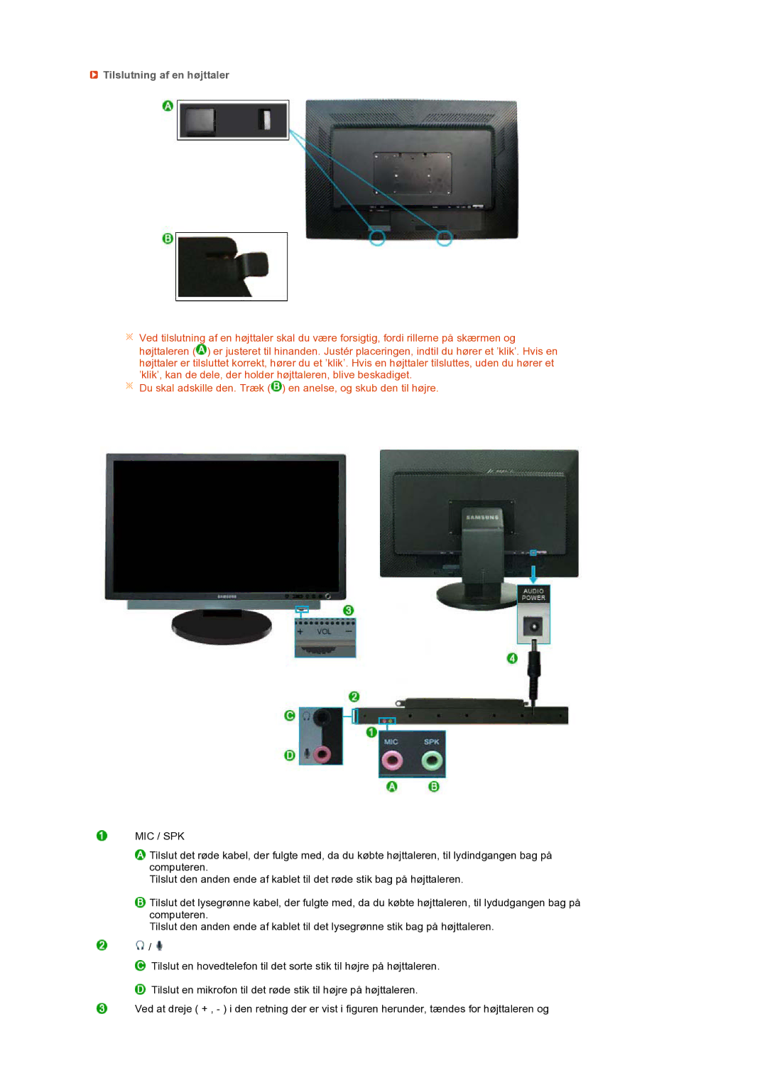 Samsung LS27HUBCB/EDC, LS27HUBCBS/EDC manual Tilslutning af en højttaler, Mic / Spk 