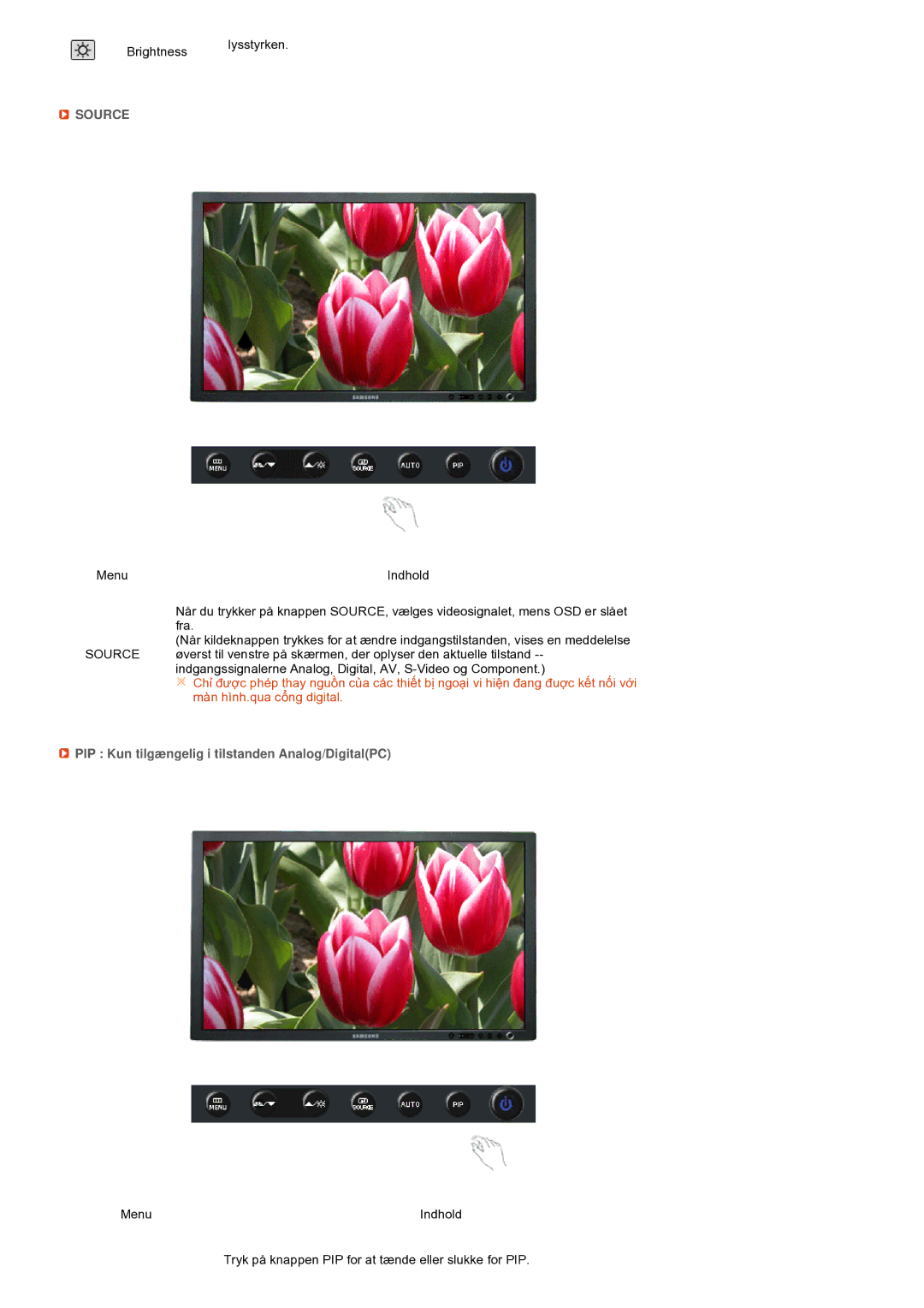 Samsung LS27HUBCB/EDC, LS27HUBCBS/EDC manual Source, PIP Kun tilgængelig i tilstanden Analog/DigitalPC 