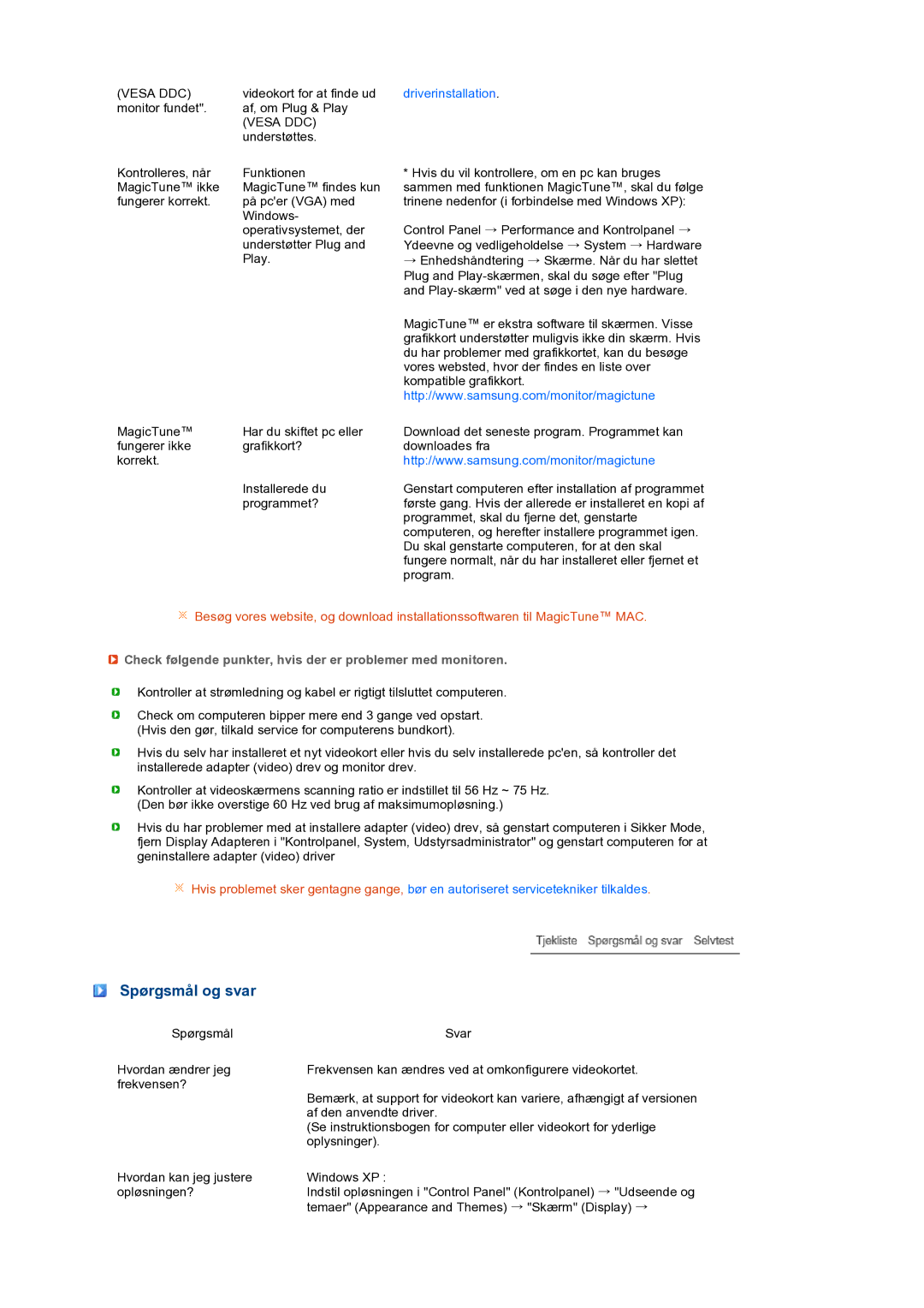 Samsung LS27HUBCB/EDC, LS27HUBCBS/EDC manual Spørgsmål og svar, Check følgende punkter, hvis der er problemer med monitoren 