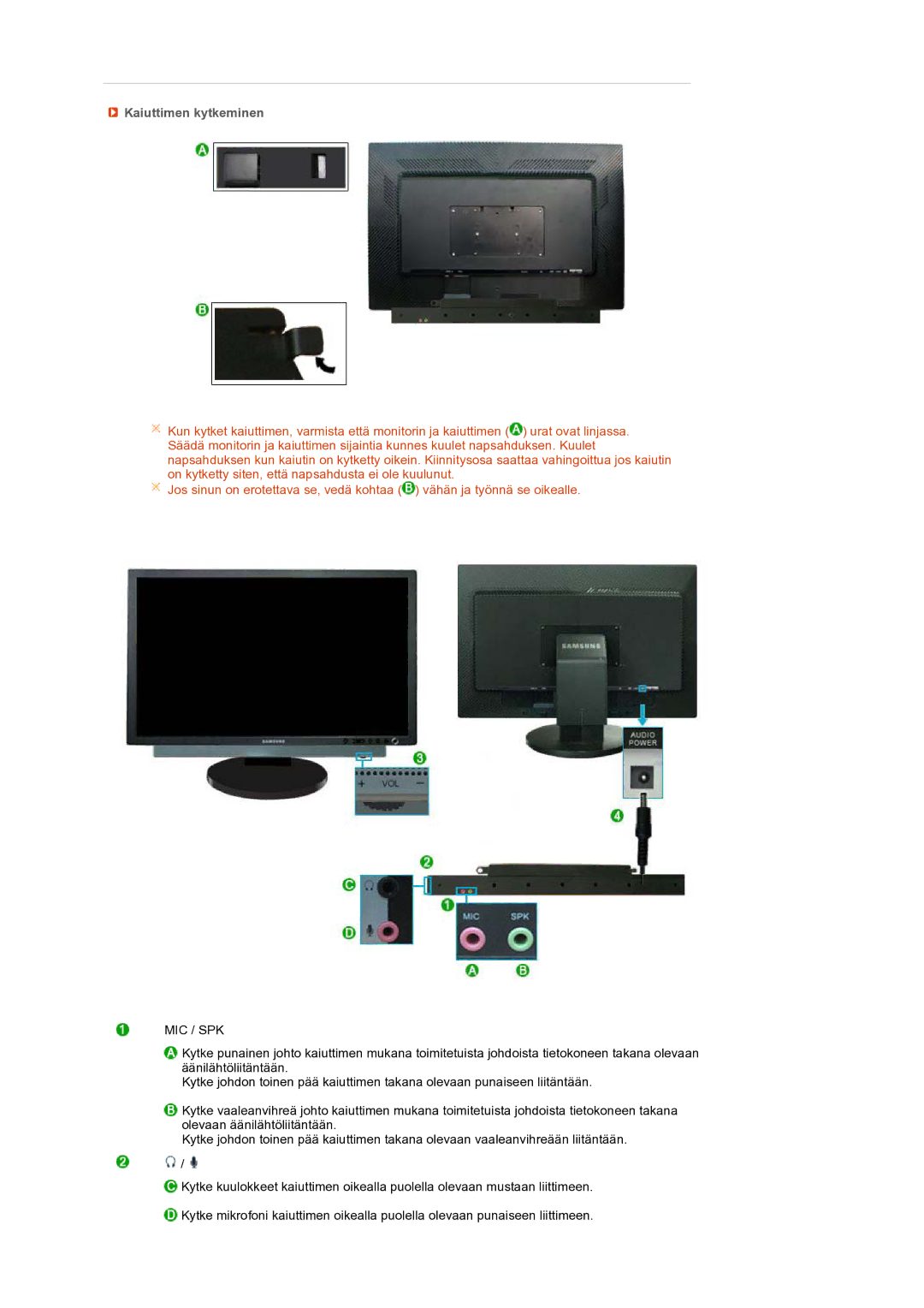 Samsung LS27HUBCB/EDC, LS27HUBCBS/EDC manual Kaiuttimen kytkeminen, Mic / Spk 