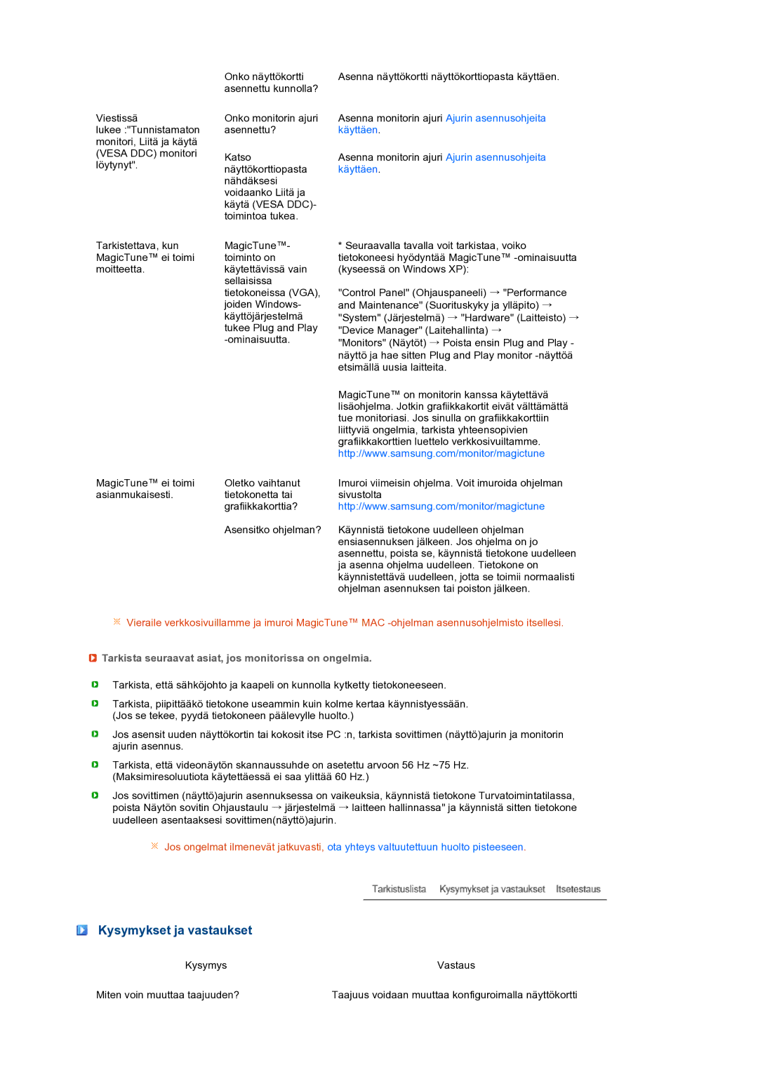 Samsung LS27HUBCBS/EDC, LS27HUBCB/EDC manual Kysymykset ja vastaukset, Tarkista seuraavat asiat, jos monitorissa on ongelmia 