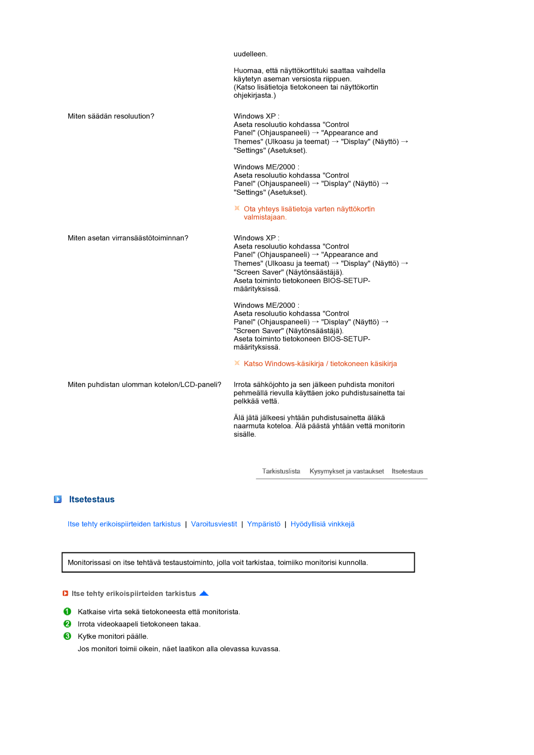 Samsung LS27HUBCB/EDC, LS27HUBCBS/EDC manual Itsetestaus, Itse tehty erikoispiirteiden tarkistus 