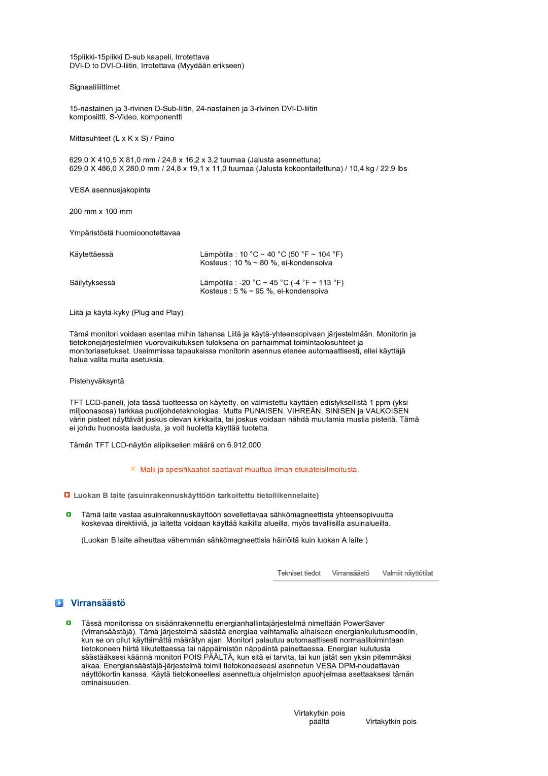 Samsung LS27HUBCBS/EDC, LS27HUBCB/EDC manual Virransäästö 