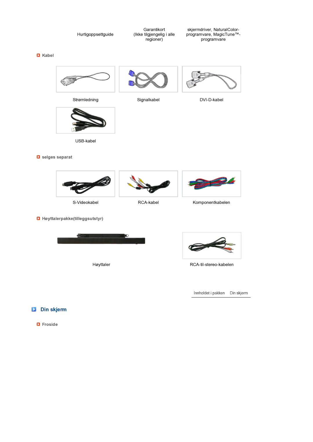 Samsung LS27HUBCBS/EDC, LS27HUBCB/EDC manual Din skjerm, Kabel, Selges separat, Høyttalerpakketilleggsutstyr, Froside 