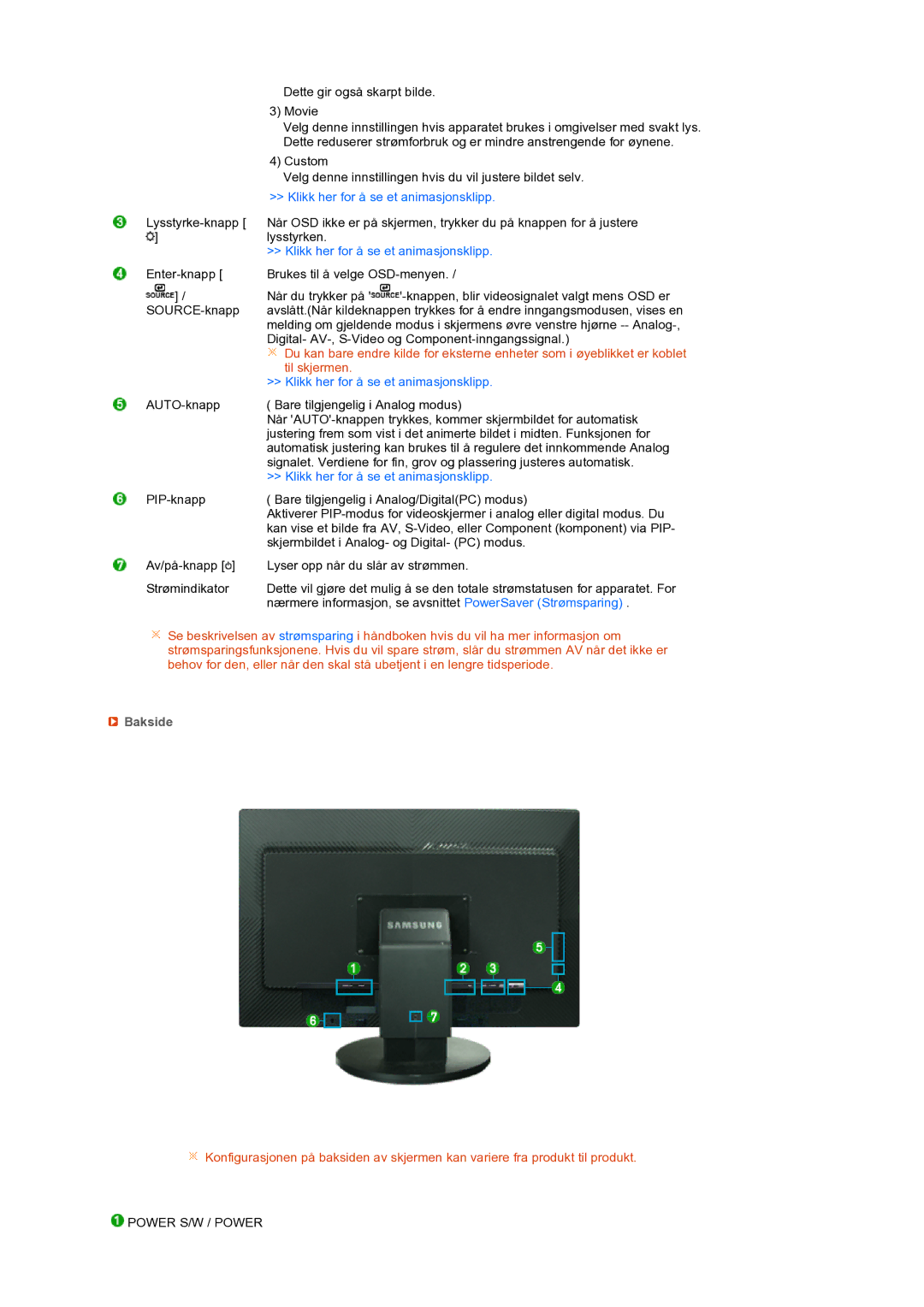 Samsung LS27HUBCBS/EDC, LS27HUBCB/EDC manual Til skjermen, Bakside 