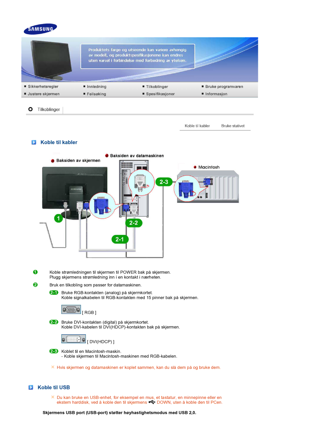 Samsung LS27HUBCB/EDC, LS27HUBCBS/EDC manual Koble til kabler, Koble til USB 