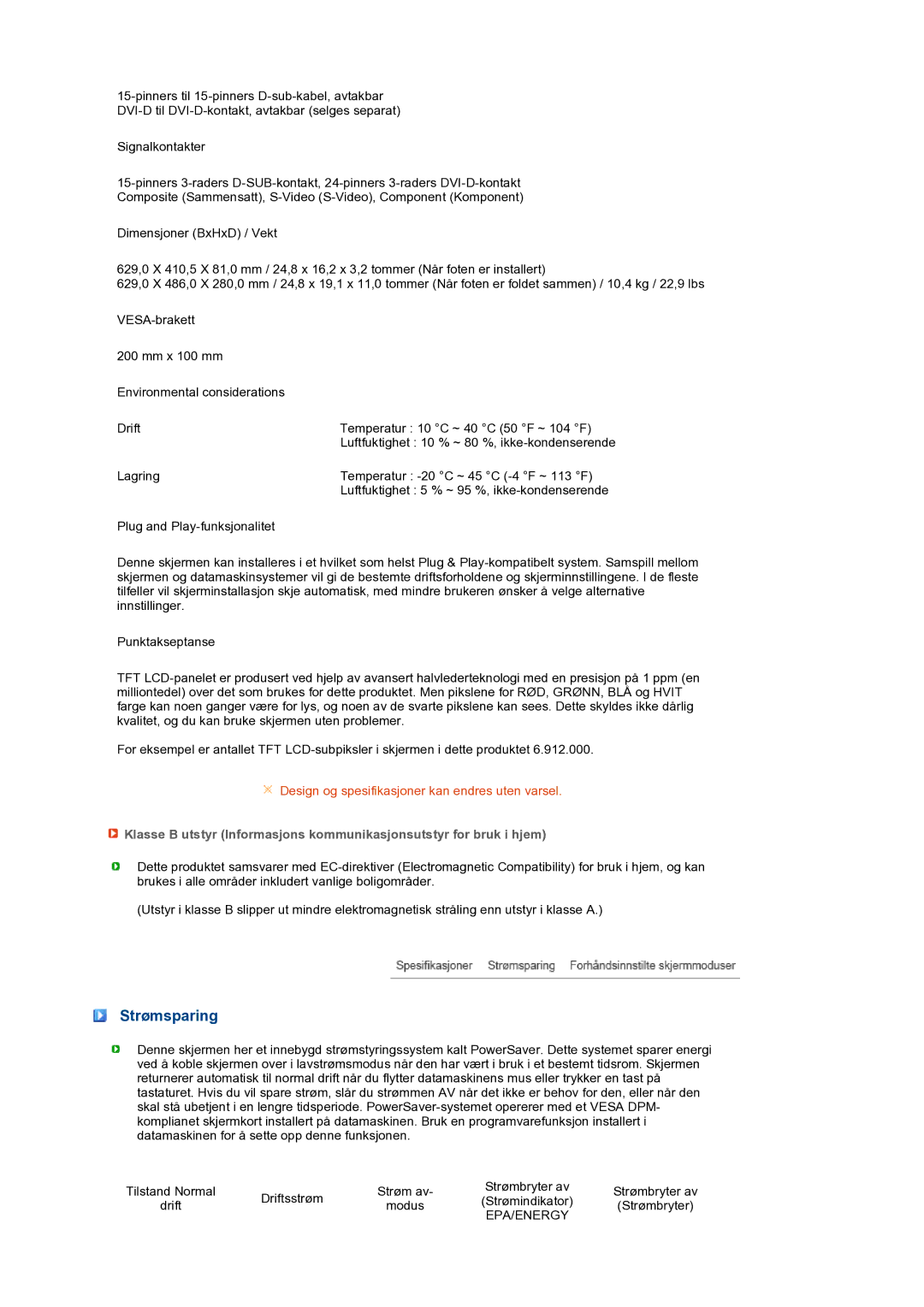 Samsung LS27HUBCBS/EDC, LS27HUBCB/EDC manual Strømsparing, Epa/Energy 