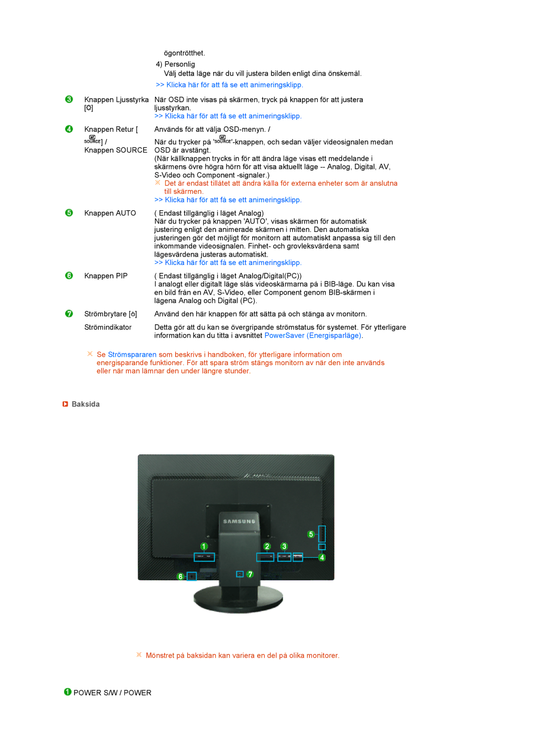 Samsung LS27HUBCB/EDC, LS27HUBCBS/EDC manual Baksida, Power S/W / Power 