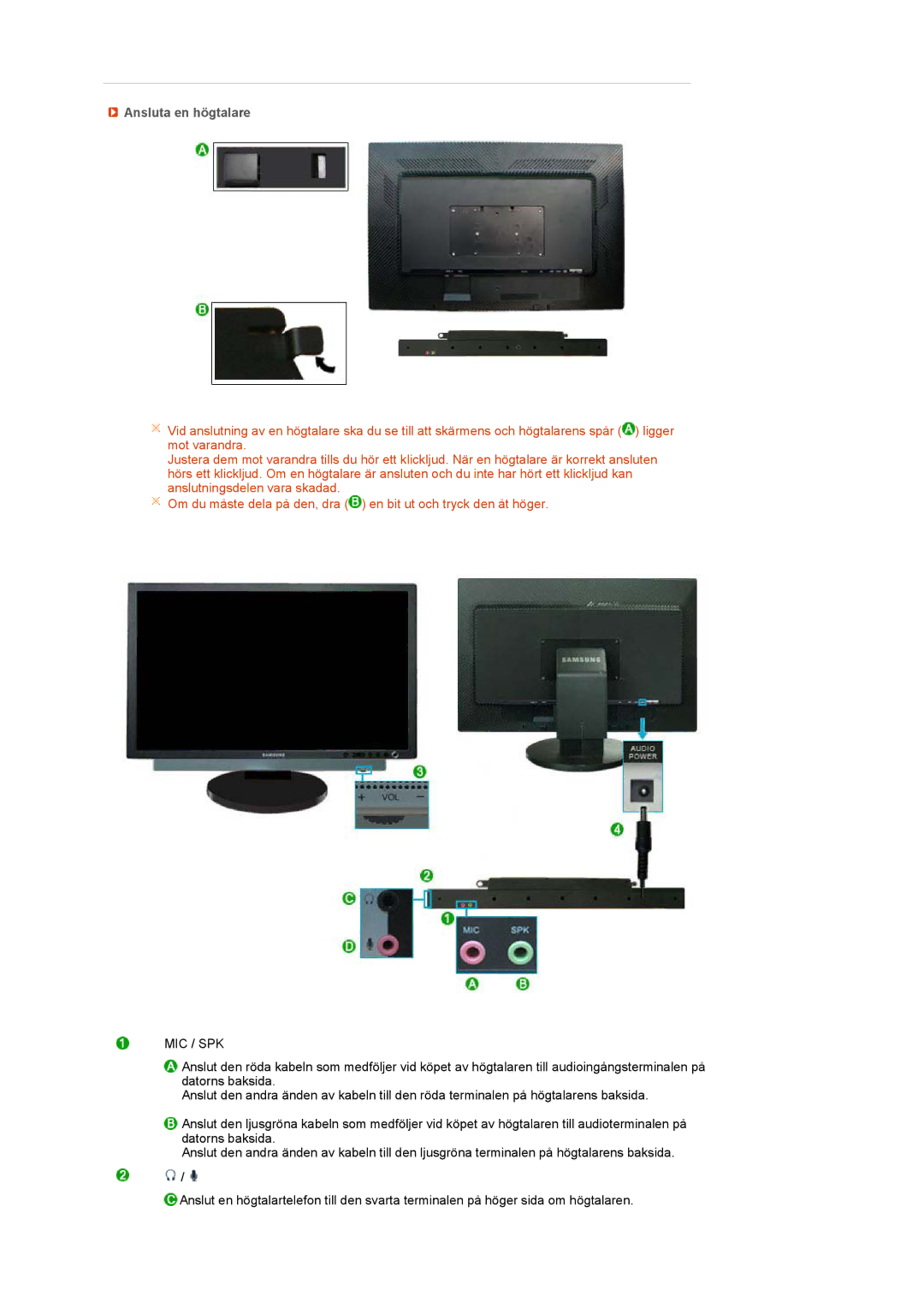 Samsung LS27HUBCBS/EDC, LS27HUBCB/EDC manual Ansluta en högtalare, Mic / Spk 