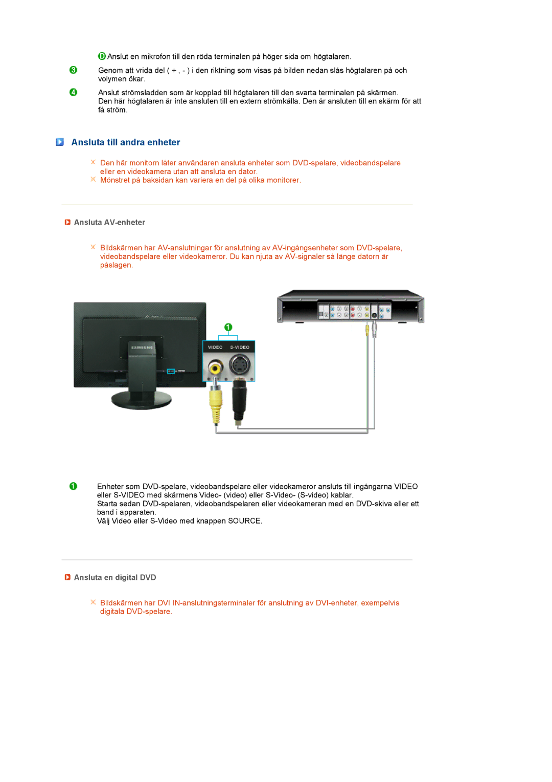 Samsung LS27HUBCB/EDC, LS27HUBCBS/EDC manual Ansluta till andra enheter, Ansluta AV-enheter, Ansluta en digital DVD 