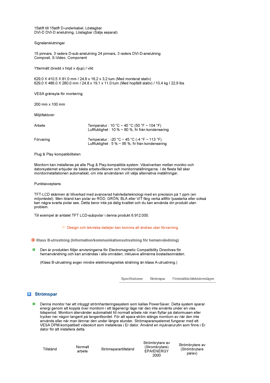 Samsung LS27HUBCBS/EDC, LS27HUBCB/EDC manual Strömspar, Epa/Energy 