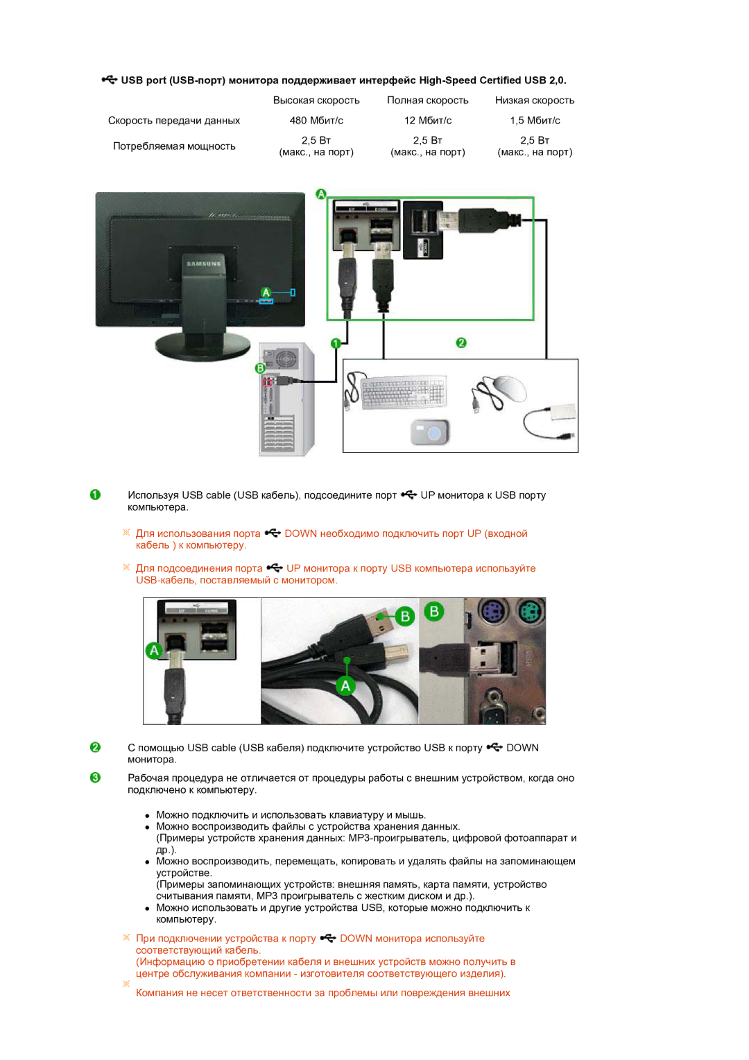 Samsung LS27HUBCBS/EDC, LS27HUBCB/EDC manual Скорость передачи данных 480 Мбит/с 12 Мбит/с 