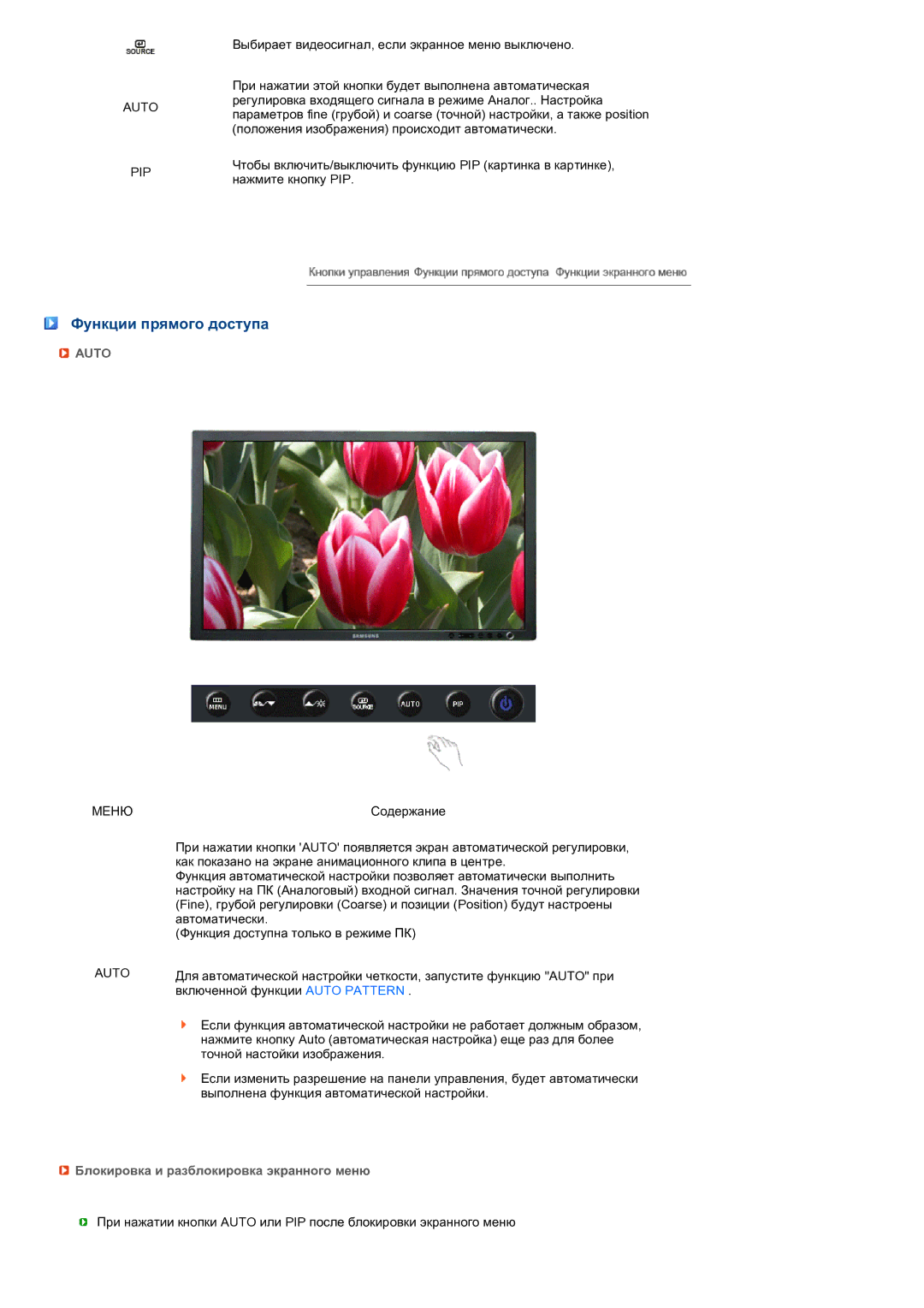 Samsung LS27HUBCBS/EDC manual Функции прямого доступа, Auto PIP, Меню Auto, Блокировка и разблокировка экранного меню 
