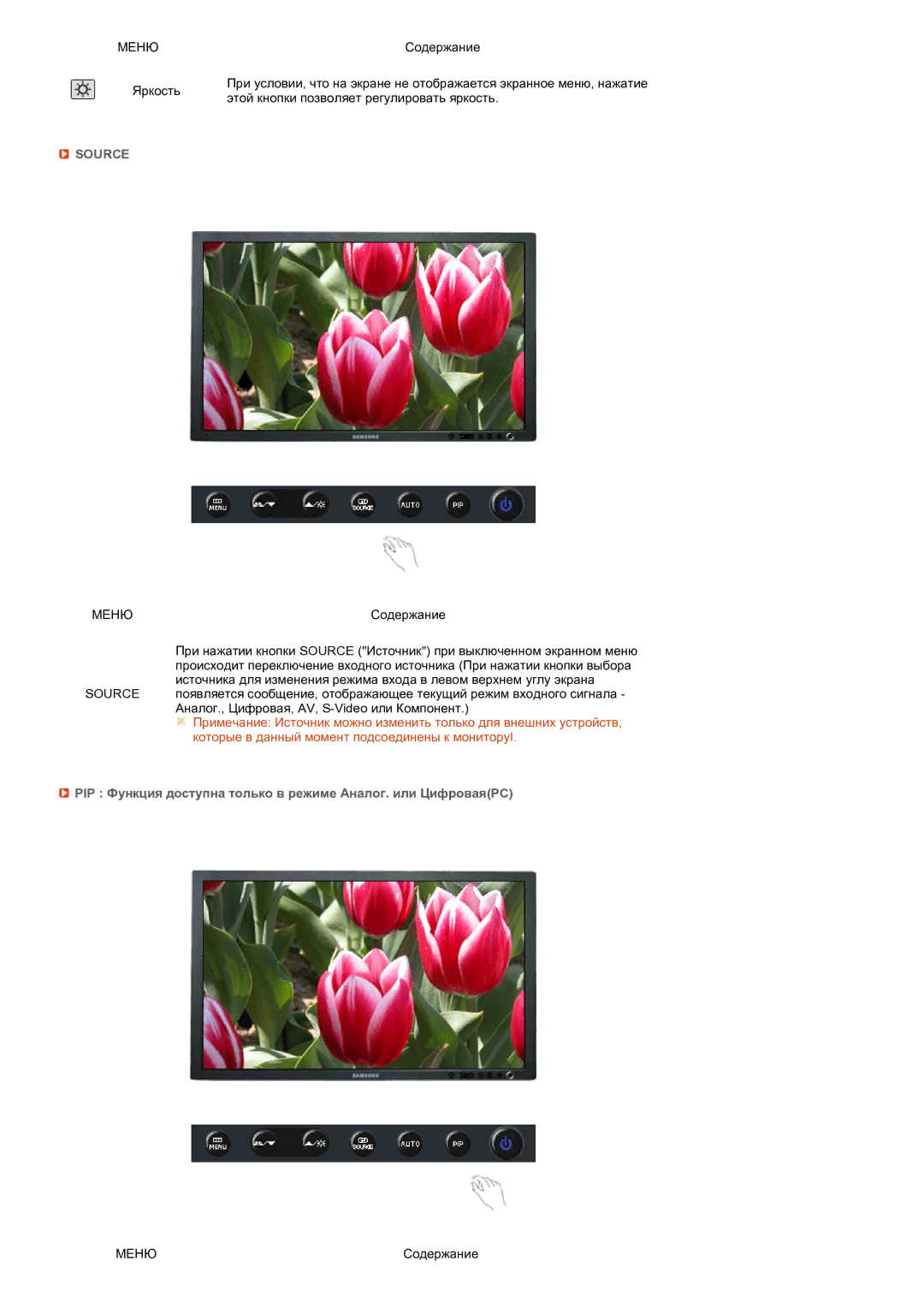 Samsung LS27HUBCB/EDC, LS27HUBCBS/EDC manual Source, PIP Функция доступна только в режиме Аналог. или ЦифроваяPC 