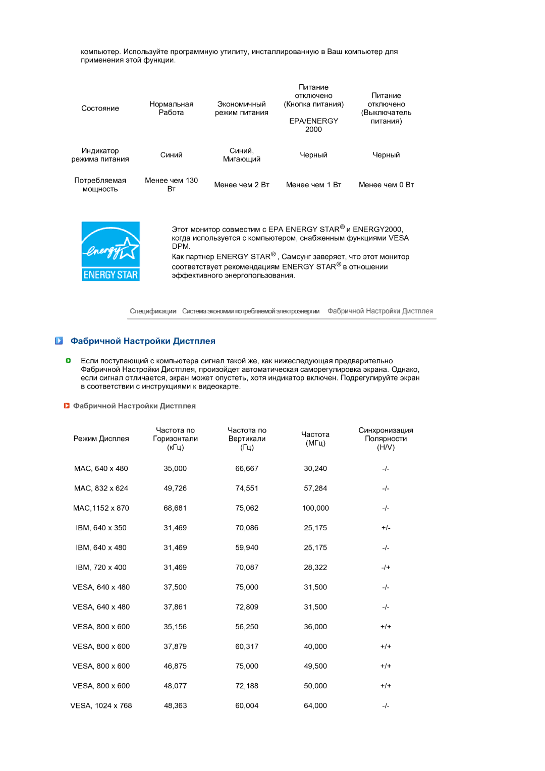 Samsung LS27HUBCB/EDC, LS27HUBCBS/EDC manual Фабричной Настройки Дистплея, Epa/Energy 