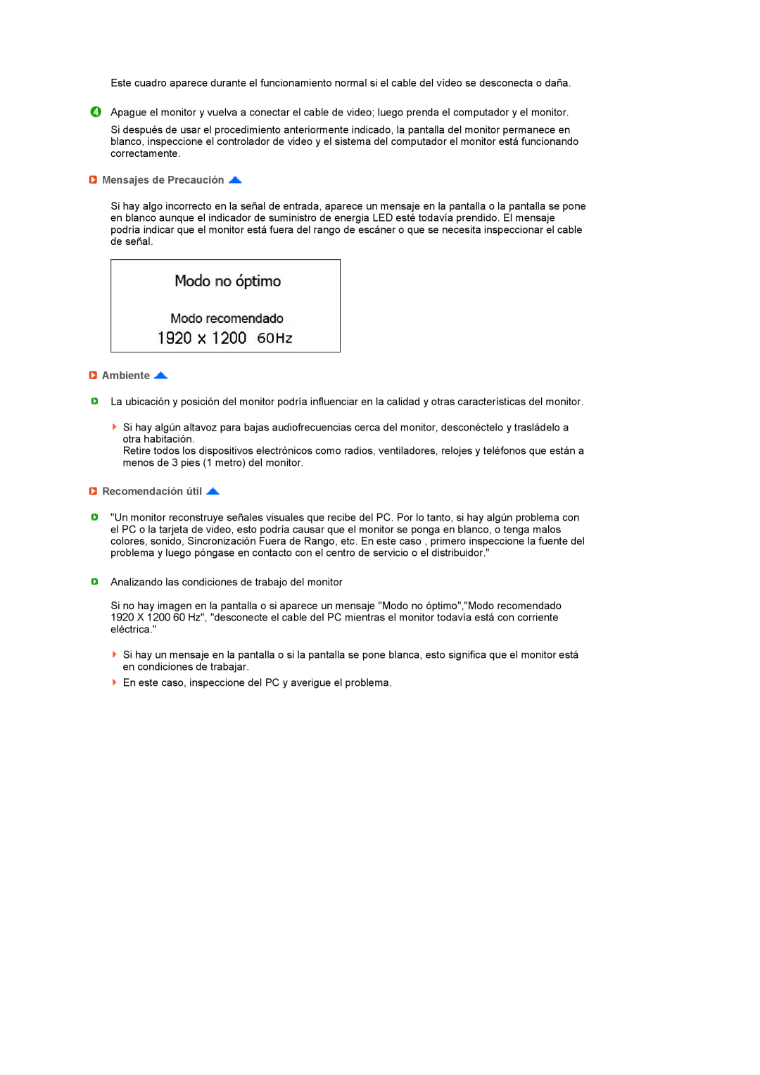 Samsung LS27HUBCB/EDC, LS27HUBCBS/EDC manual Mensajes de Precaución, Ambiente, Recomendación útil 