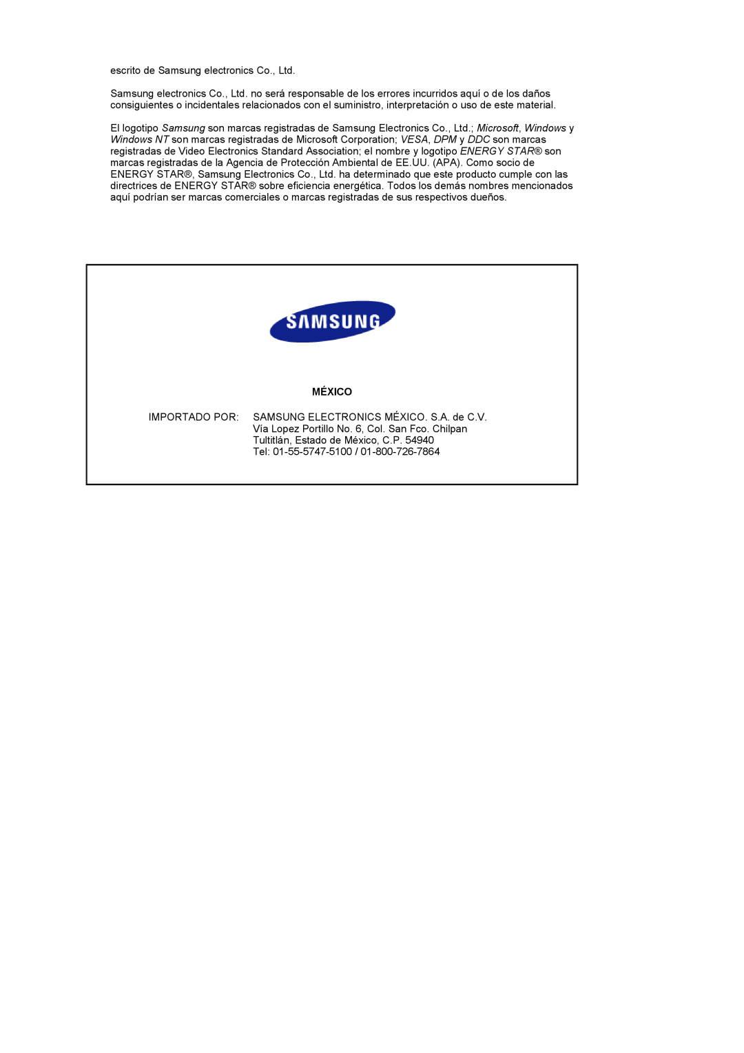 Samsung LS27HUBCB/EDC, LS27HUBCBS/EDC manual México, IMPORTADO POR SAMSUNG ELECTRONICS MÉXICO. S.A. de C.V 