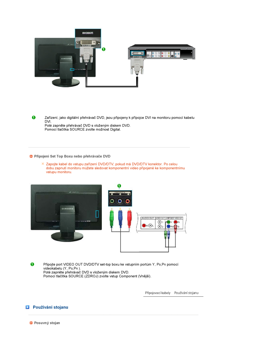Samsung LS27HUBCB/EDC, LS27HUBCBS/EDC manual Používání stojanu, Připojení Set Top Boxu nebo přehrávače DVD, Posuvný stojan 