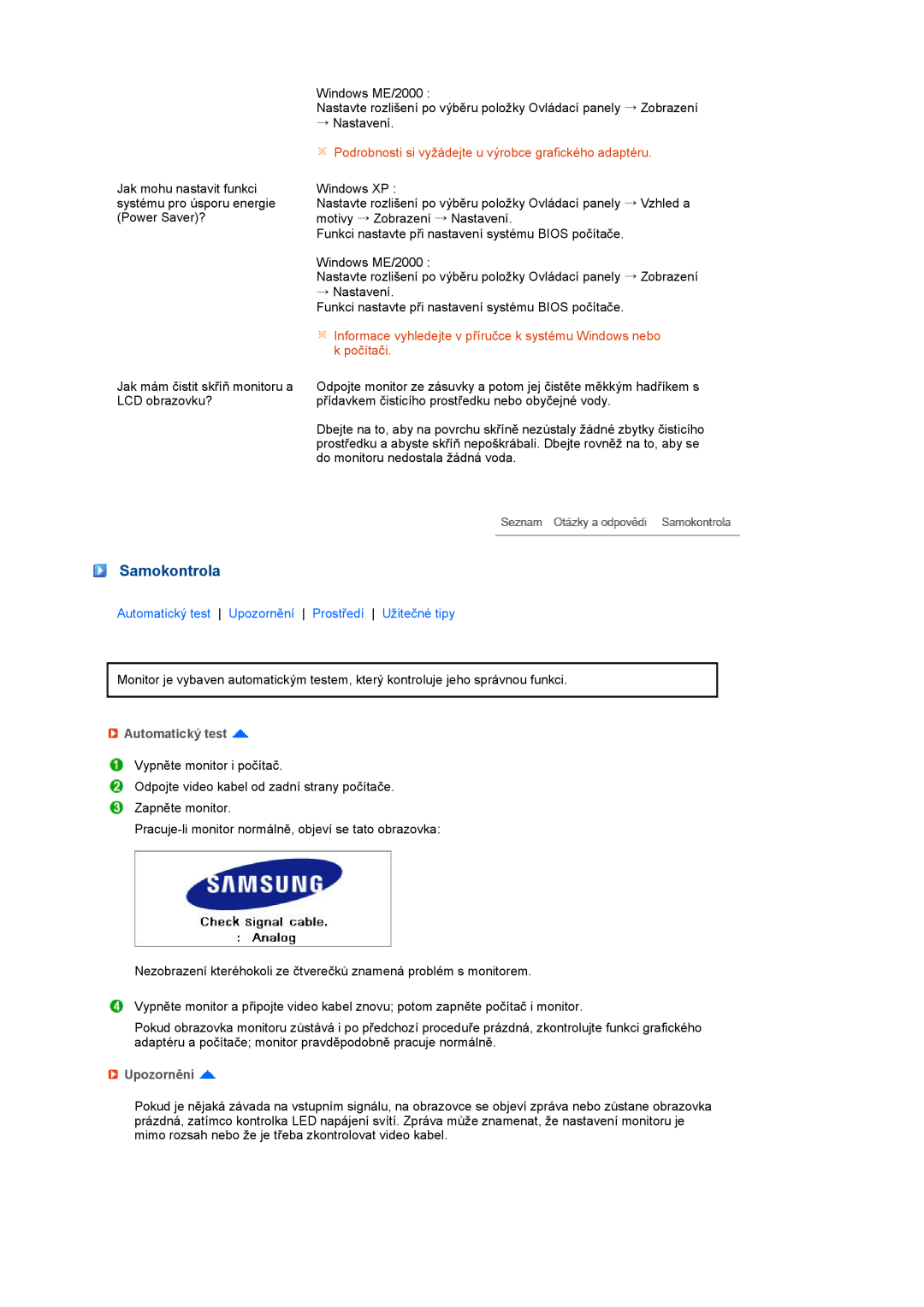 Samsung LS27HUBCB/EDC Samokontrola, Podrobnosti si vyžádejte u výrobce grafického adaptéru, Automatický test, Upozornění 