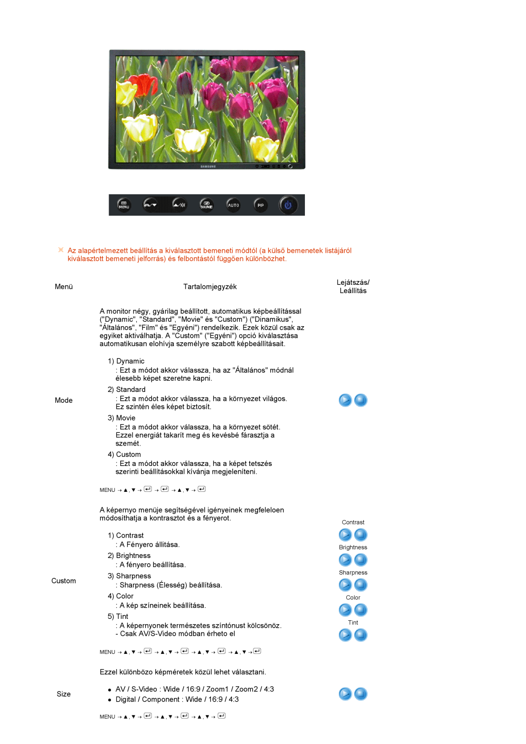 Samsung LS27HUBCB/EDC, LS27HUBCBS/EDC manual Lejátszás, Contrast Brightness Sharpness Color Tint 