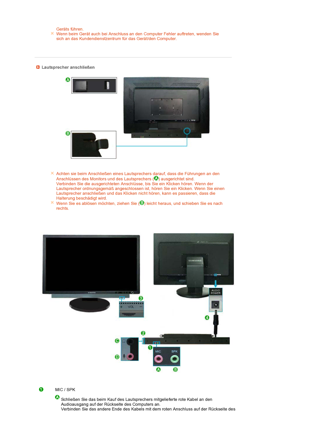 Samsung LS27HUBCB/EDC manual Lautsprecher anschließen, Mic / Spk 