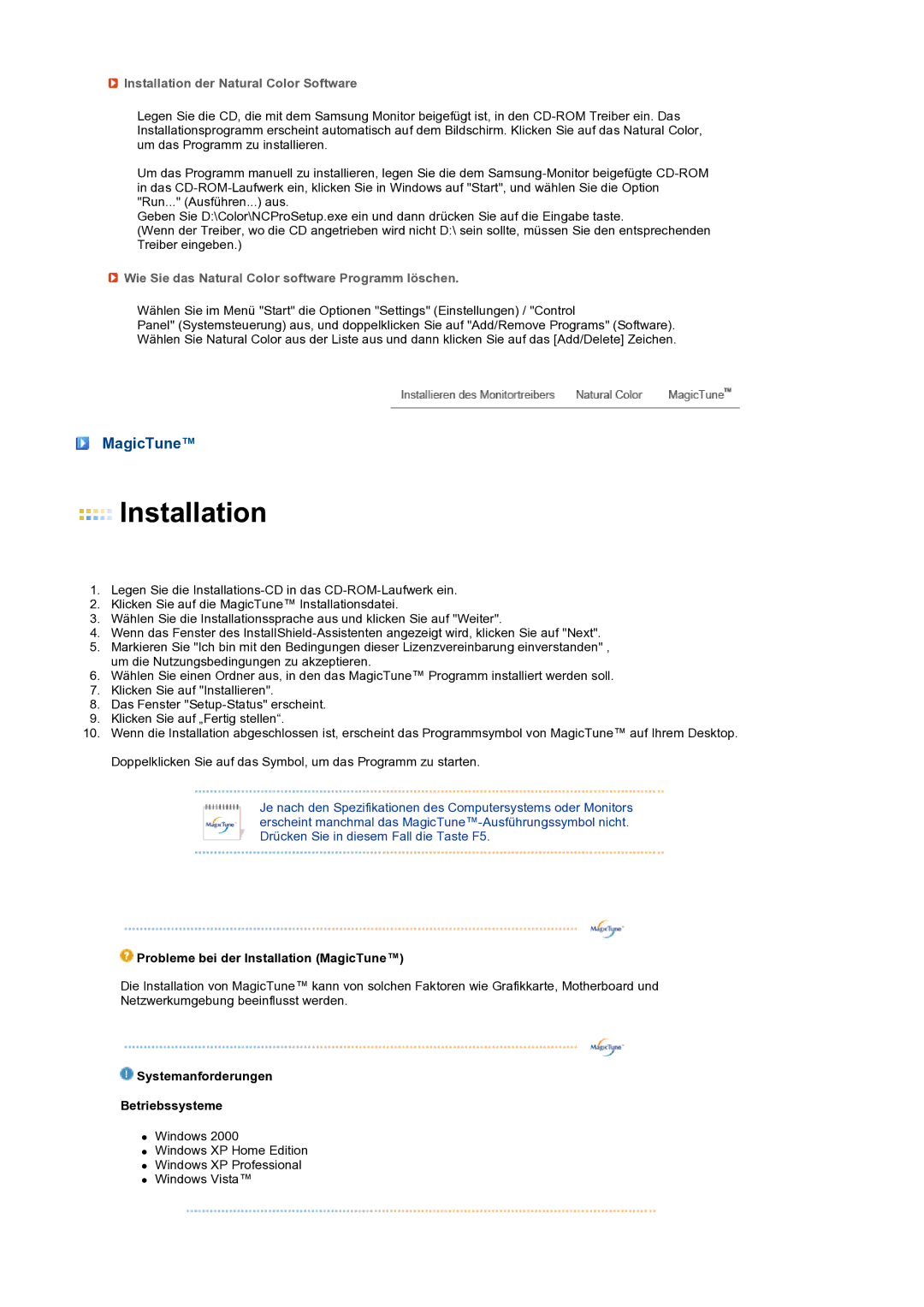 Samsung LS27HUBCB/EDC manual MagicTune, Installation der Natural Color Software 