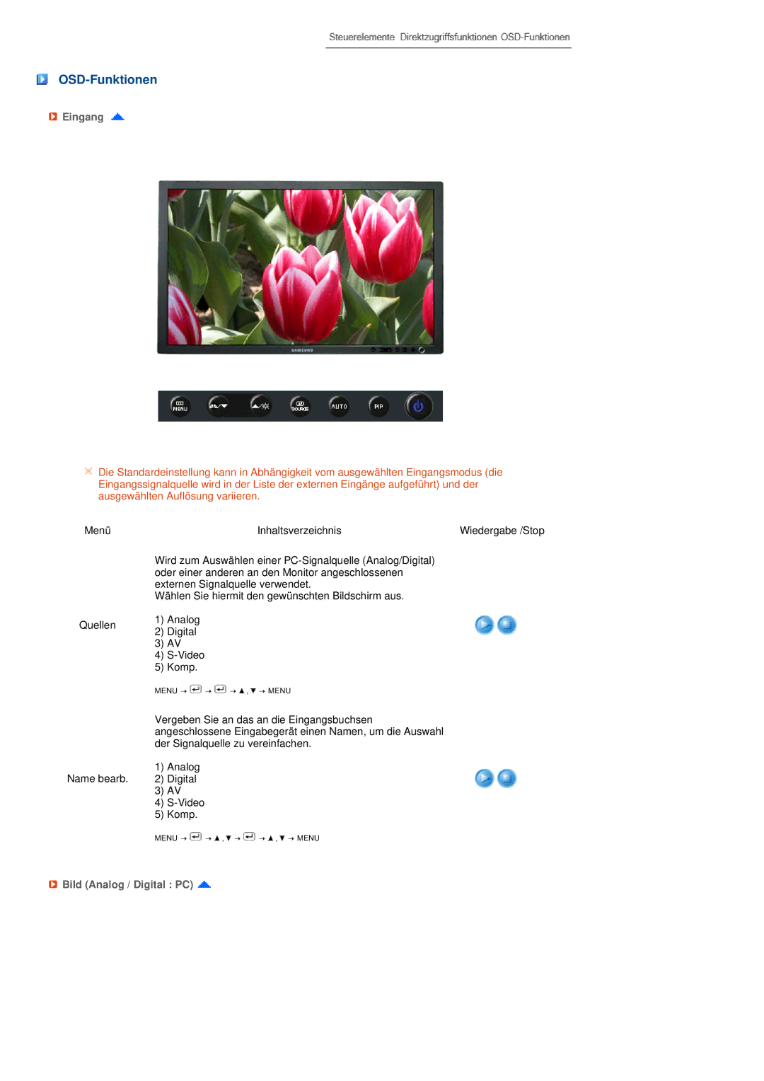 Samsung LS27HUBCB/EDC manual OSD-Funktionen, Eingang, Bild Analog / Digital PC 