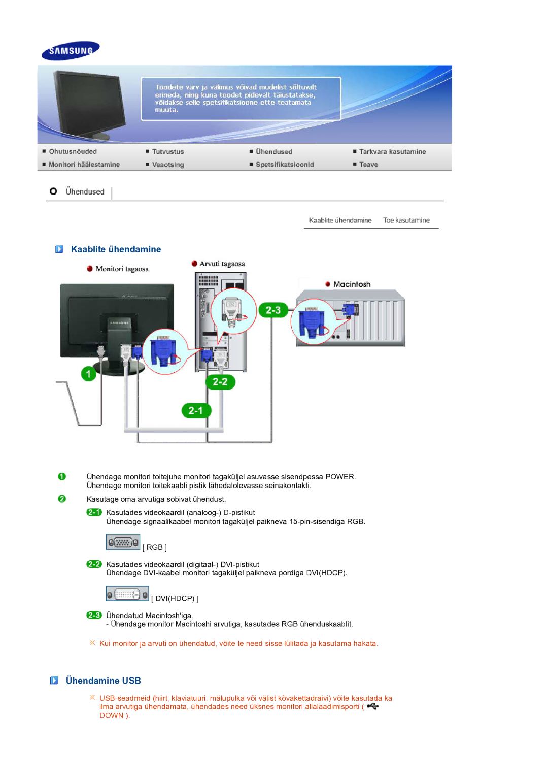 Samsung LS27HUBCB/EDC manual Kaablite ühendamine, Ühendamine USB 