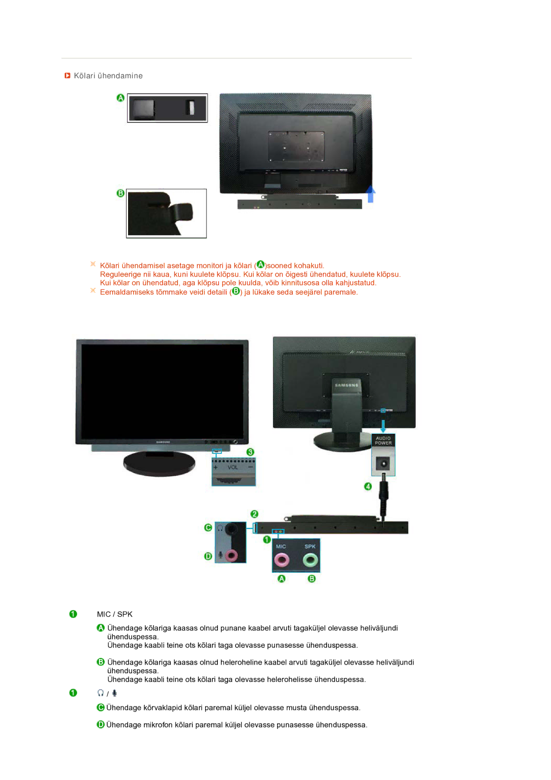 Samsung LS27HUBCB/EDC manual Kõlari ühendamine, Mic / Spk 