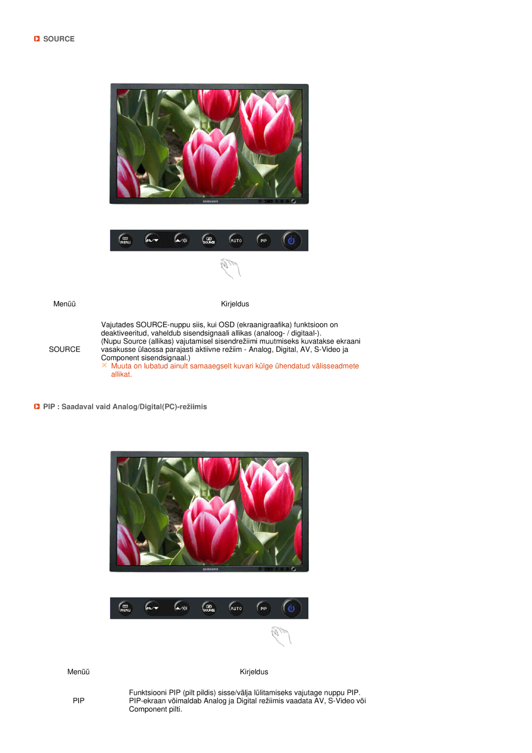 Samsung LS27HUBCB/EDC manual Source, PIP Saadaval vaid Analog/DigitalPC-režiimis 