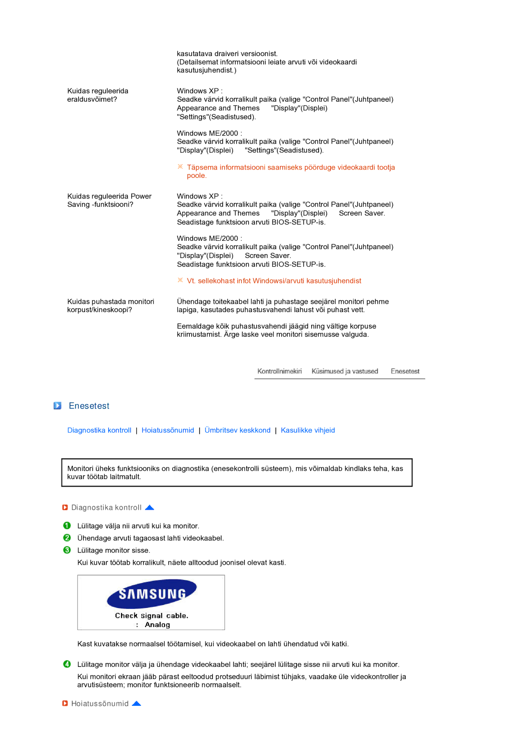 Samsung LS27HUBCB/EDC manual Enesetest, Diagnostika kontroll, Hoiatussõnumid 