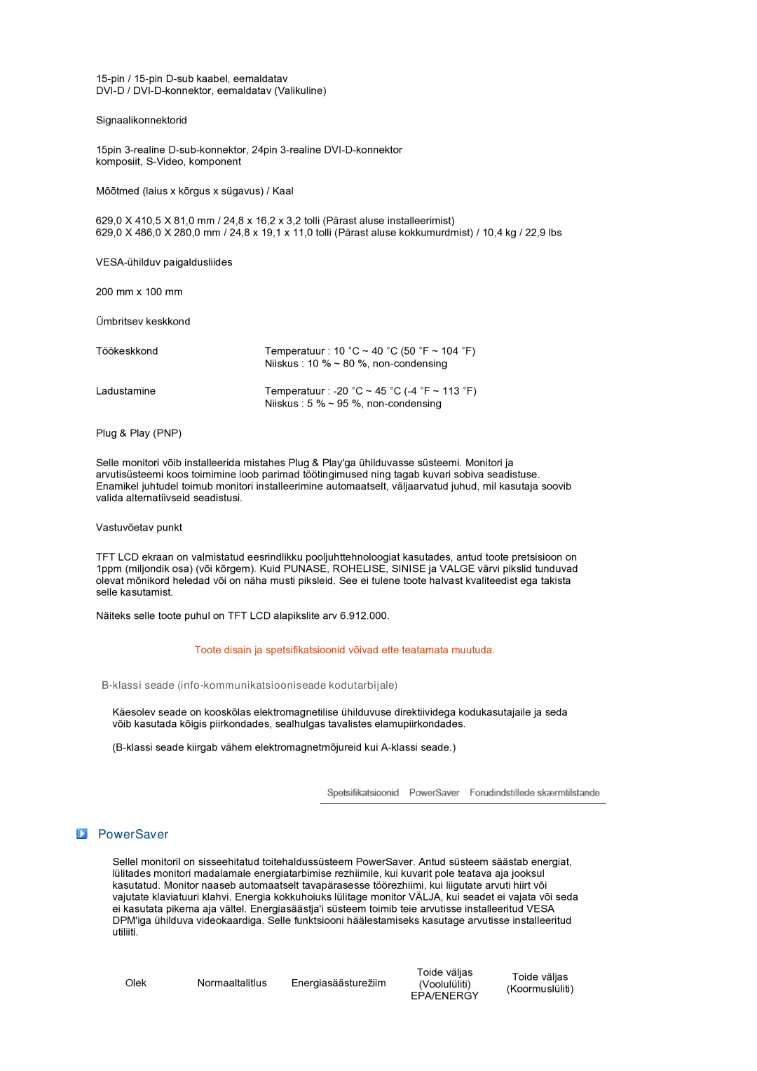 Samsung LS27HUBCB/EDC manual PowerSaver, Klassi seade info-kommunikatsiooniseade kodutarbijale 