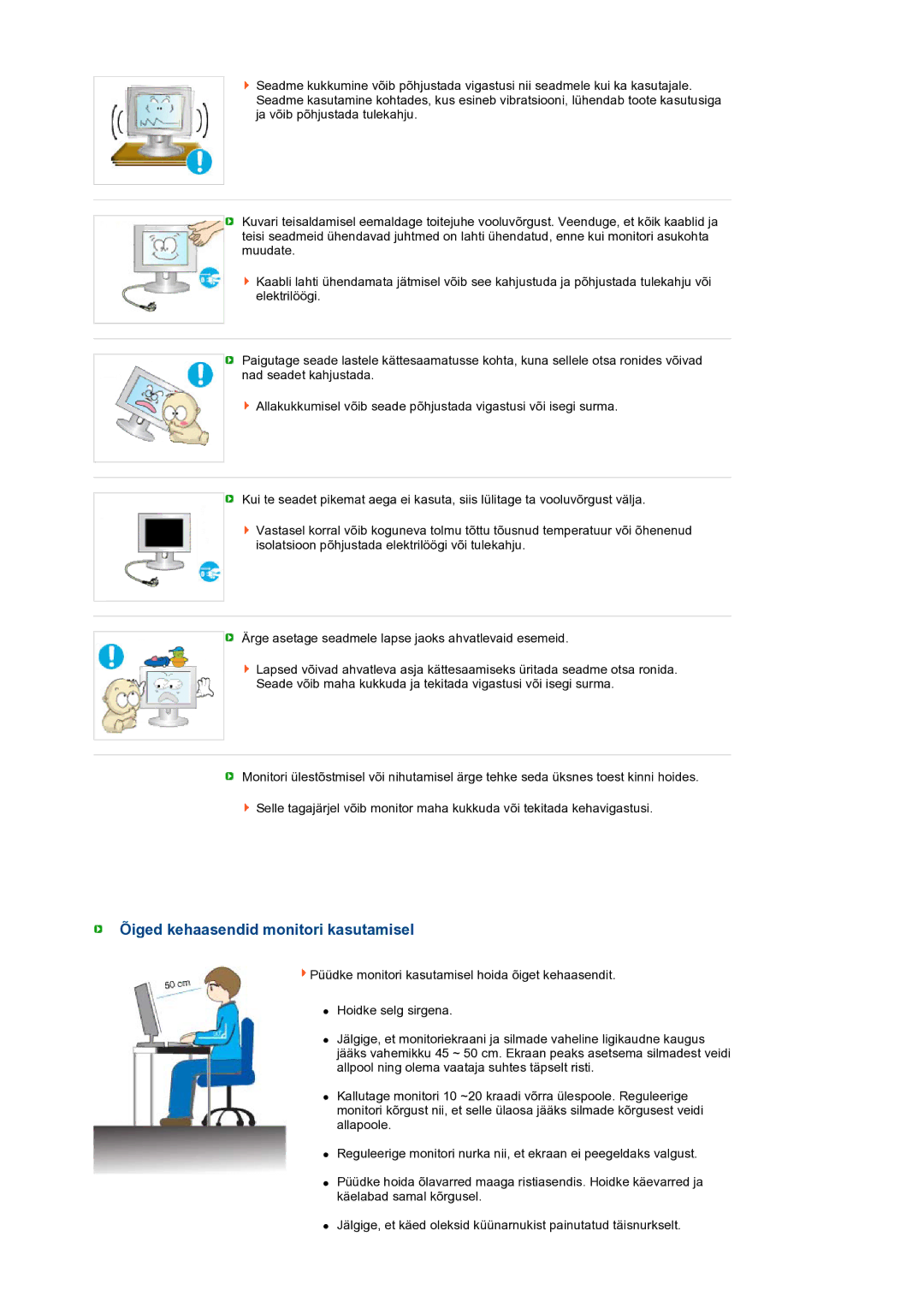 Samsung LS27HUBCB/EDC manual Õiged kehaasendid monitori kasutamisel 