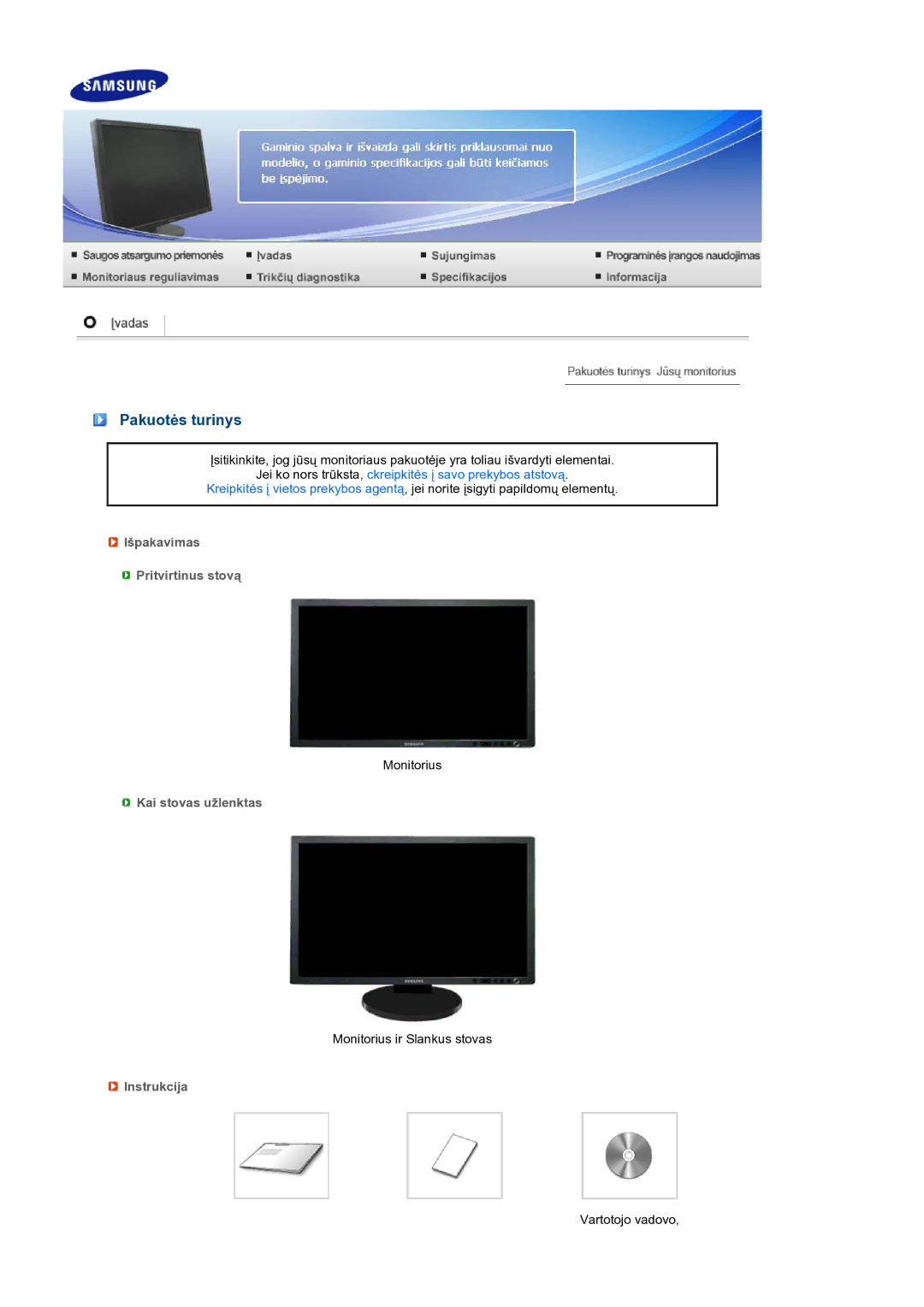 Samsung LS27HUBCB/EDC manual Pakuotės turinys, Išpakavimas Pritvirtinus stovą, Kai stovas užlenktas, Instrukcija 