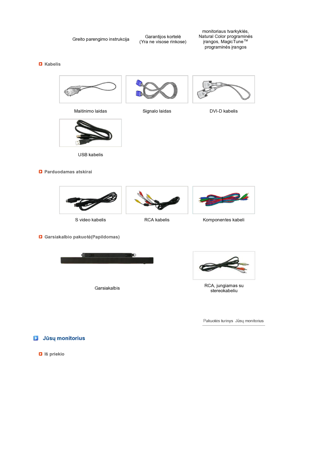 Samsung LS27HUBCB/EDC manual Jūsų monitorius, Kabelis, Parduodamas atskirai, Garsiakalbio pakuotėPapildomas, Iš priekio 