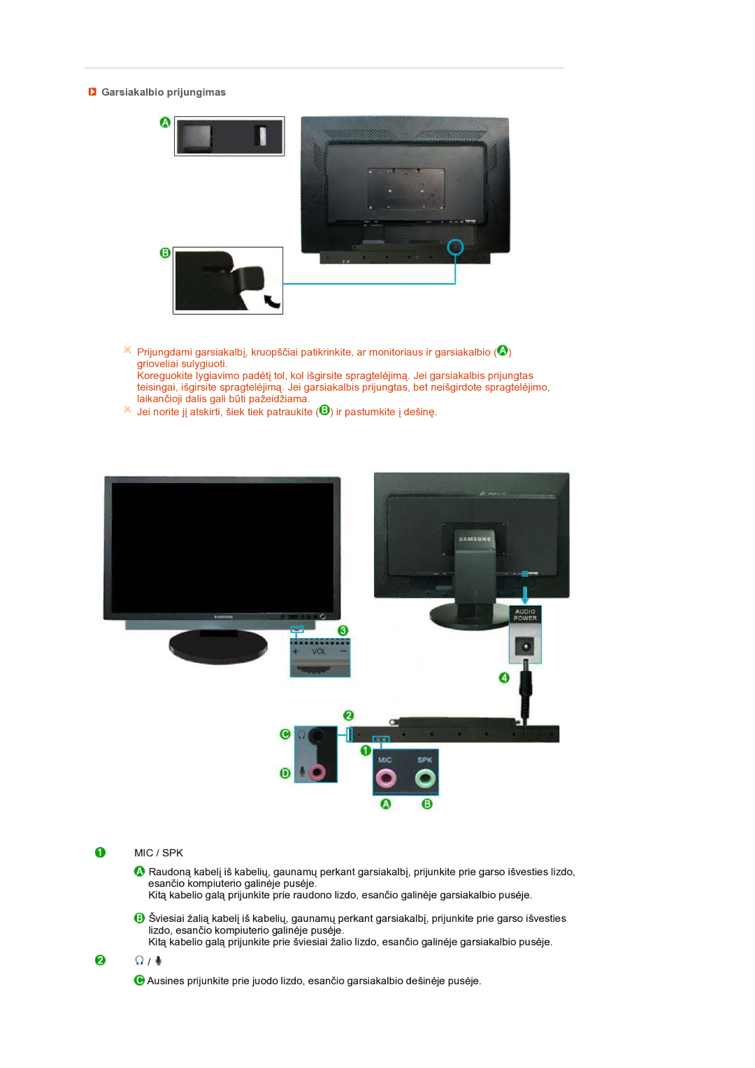 Samsung LS27HUBCB/EDC manual Garsiakalbio prijungimas, Mic / Spk 