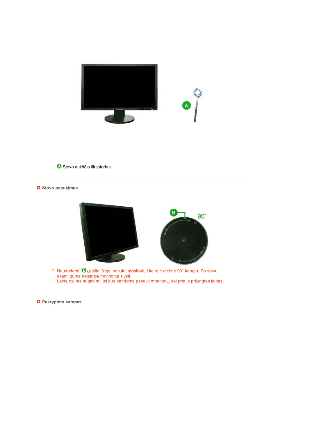 Samsung LS27HUBCB/EDC manual Stovo pasukimas, Pakrypimo kampas 