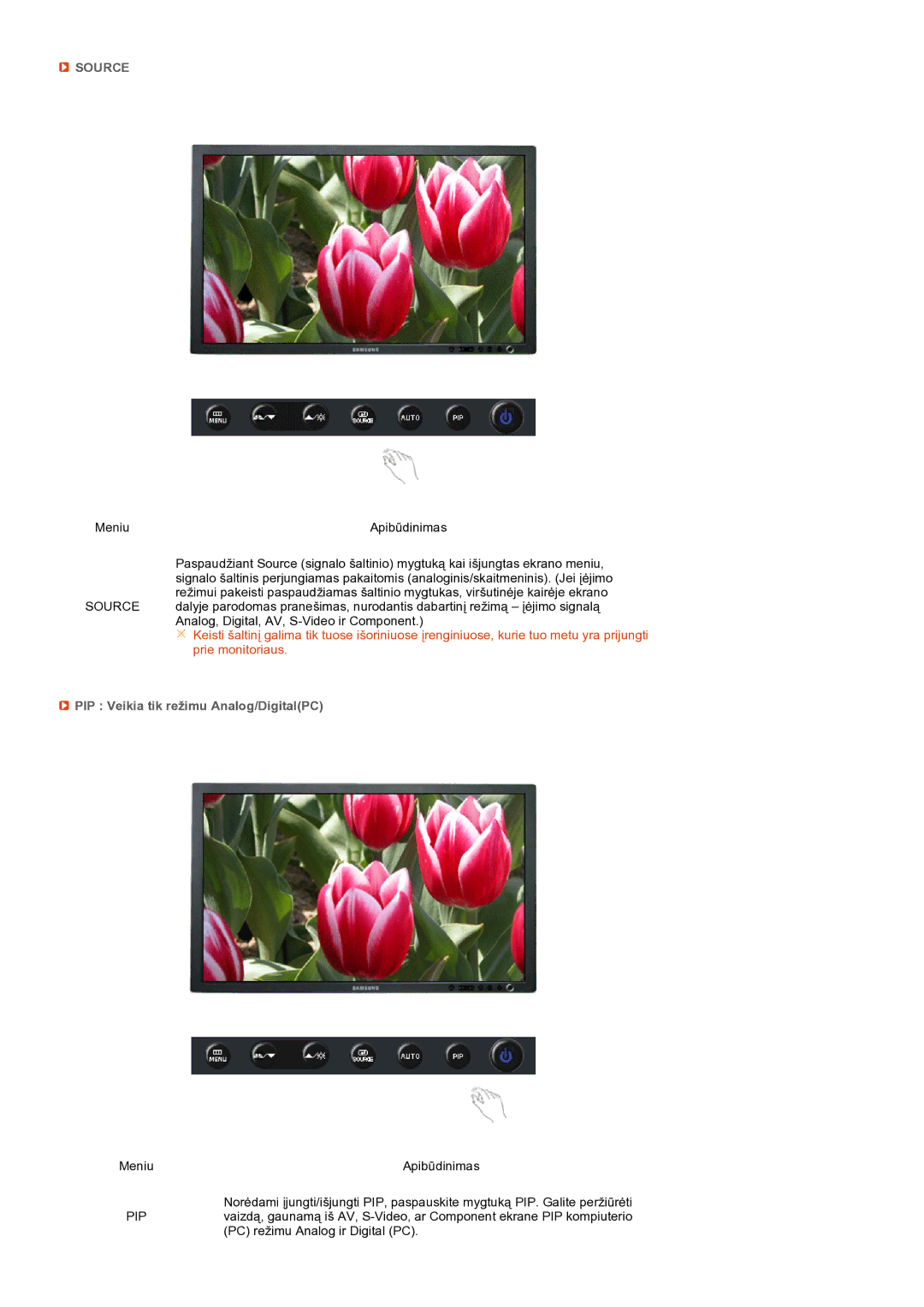Samsung LS27HUBCB/EDC manual Source, PIP Veikia tik režimu Analog/DigitalPC 