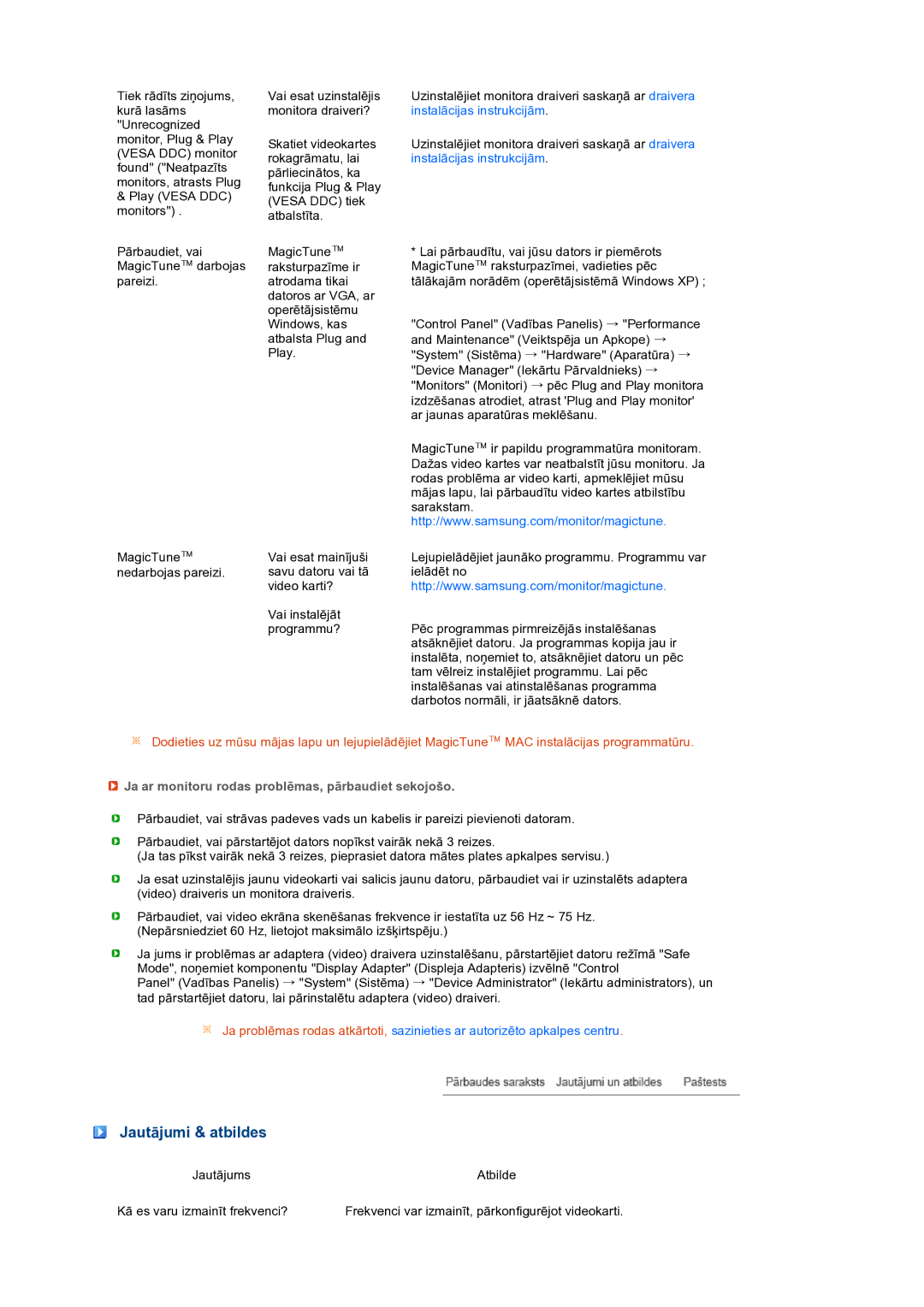 Samsung LS27HUBCB/EDC manual Jautājumi & atbildes, Ja ar monitoru rodas problēmas, pārbaudiet sekojošo 