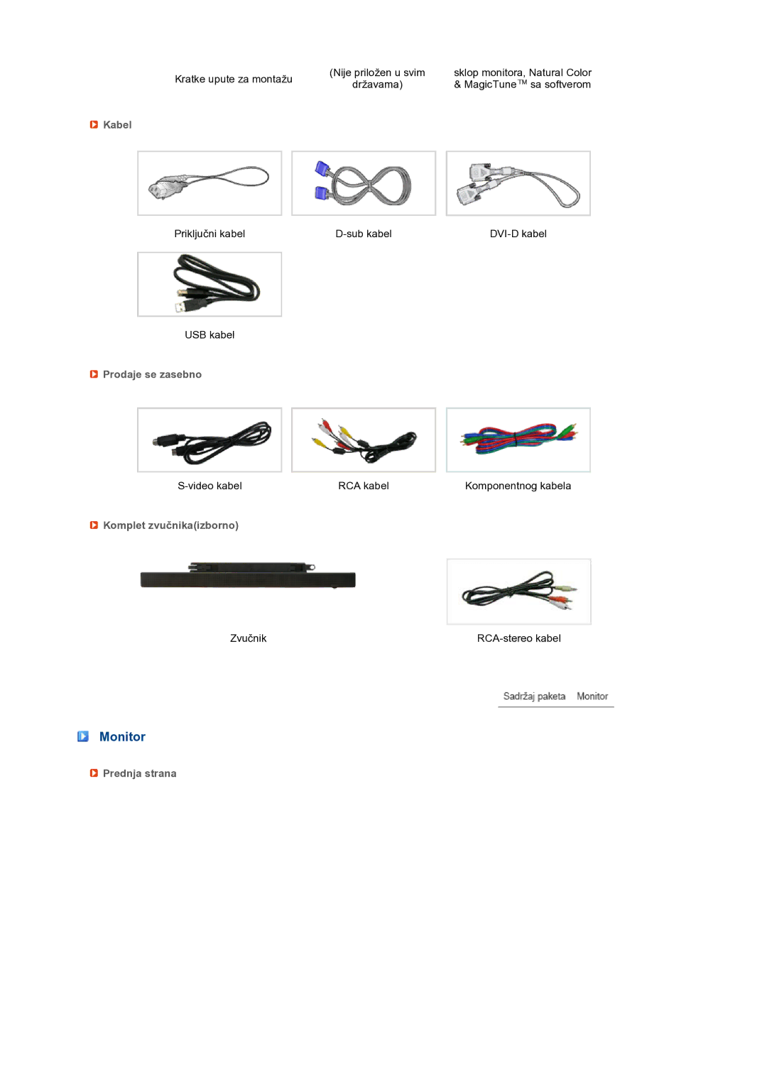 Samsung LS27HUBCB/EDC manual Monitor, Kabel, Prodaje se zasebno, Komplet zvučnikaizborno, Prednja strana 