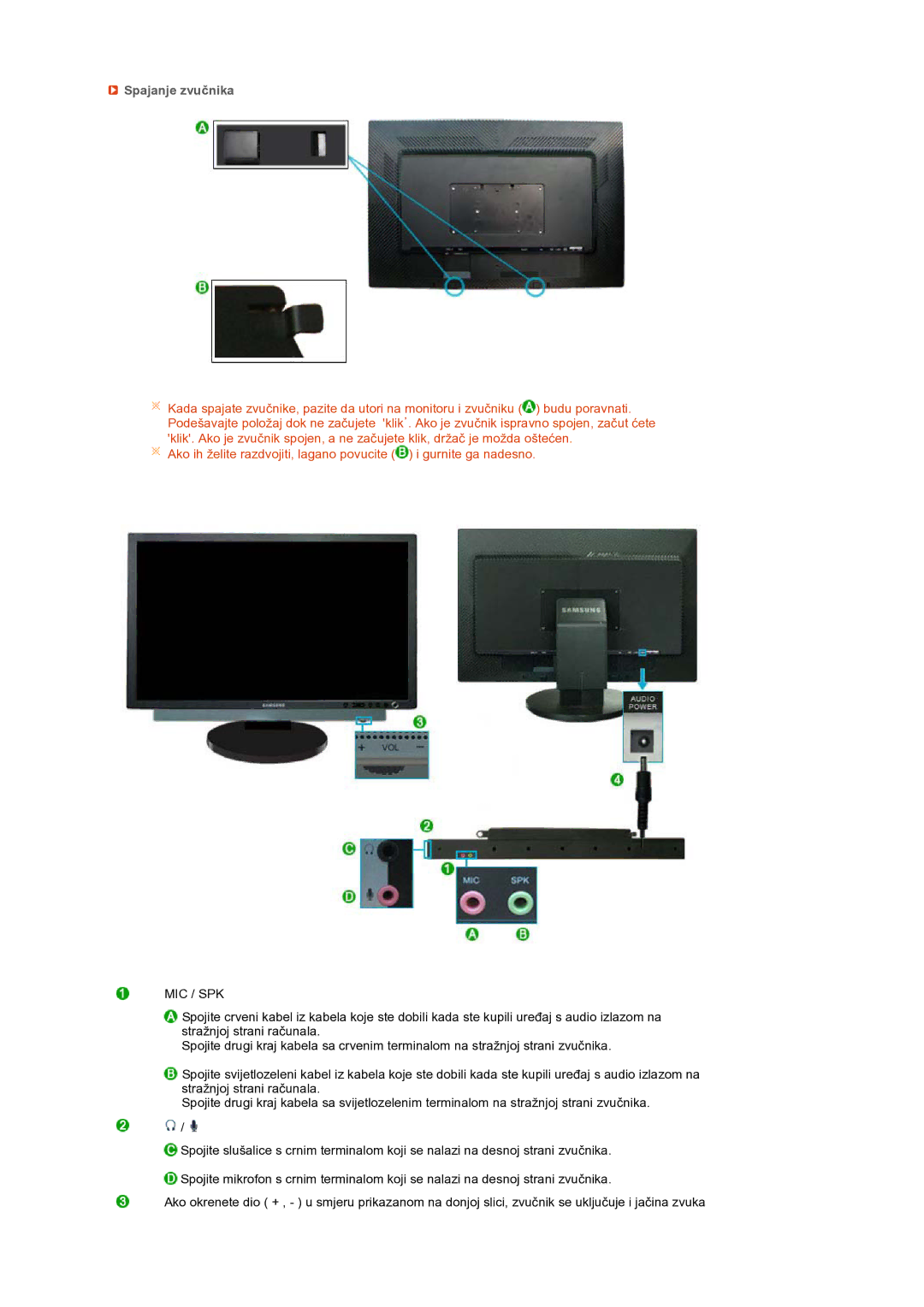 Samsung LS27HUBCB/EDC manual Spajanje zvučnika, Mic / Spk 