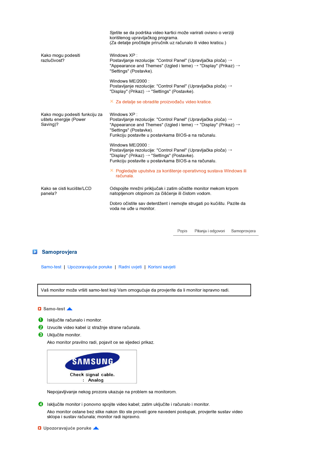 Samsung LS27HUBCB/EDC manual Samoprovjera, Samo-test, Upozoravajuće poruke 