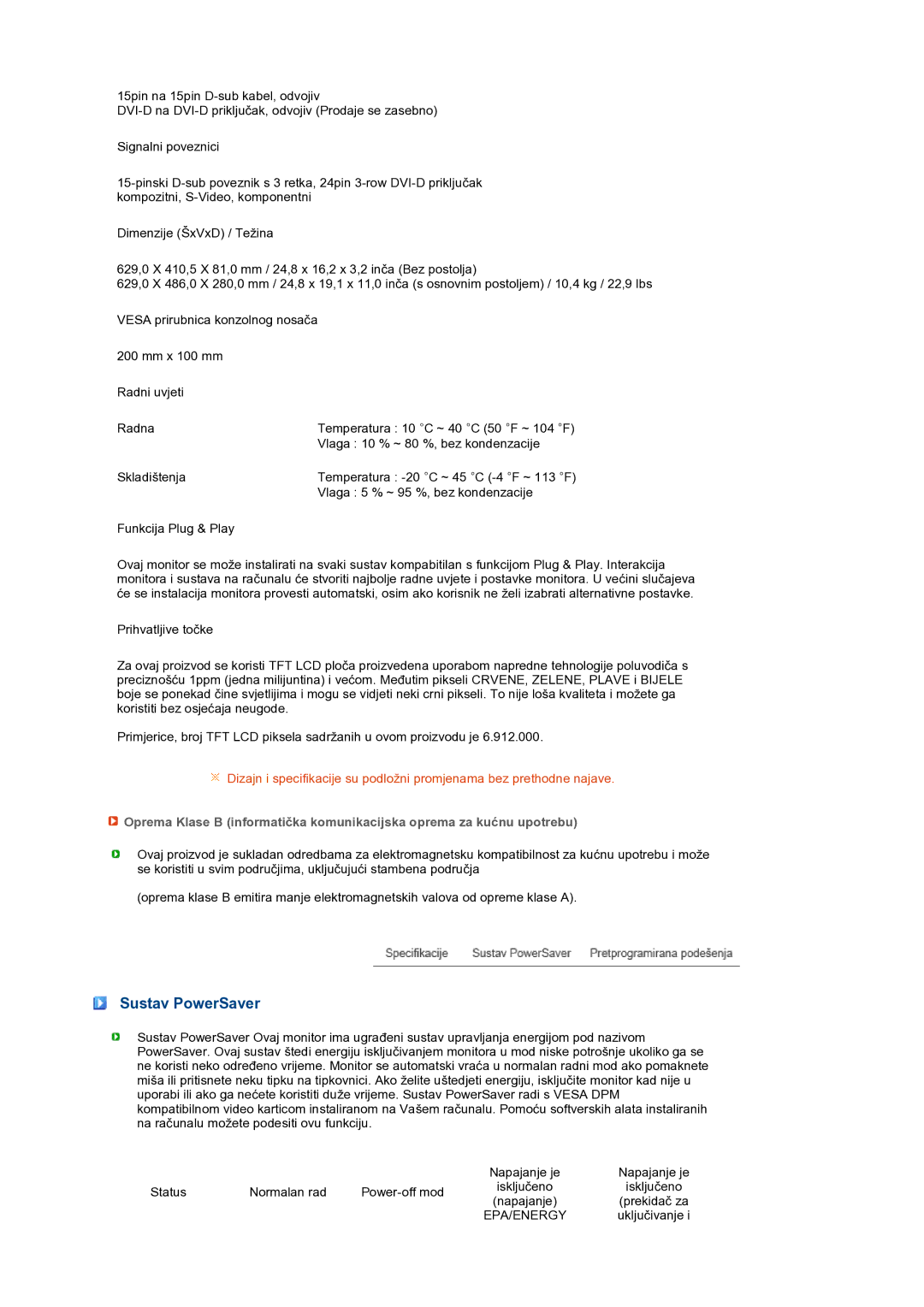 Samsung LS27HUBCB/EDC manual Sustav PowerSaver, Epa/Energy 