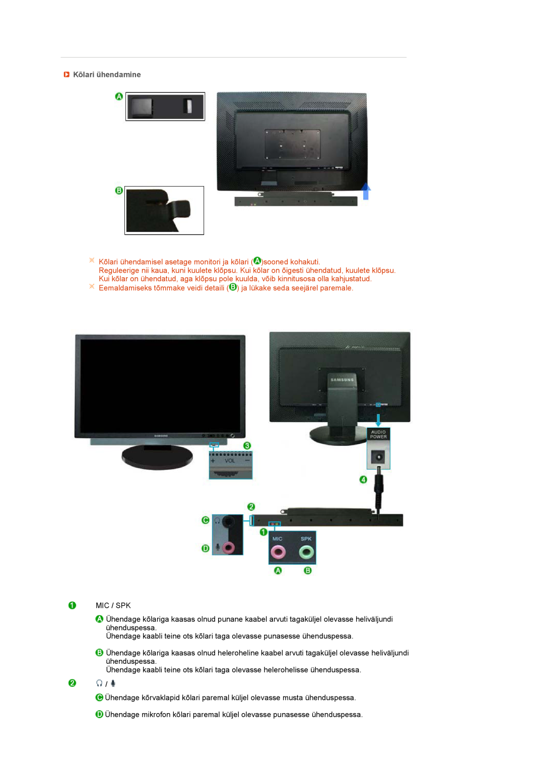 Samsung LS27HUBCB/EDC manual Kõlari ühendamine, Kõlari ühendamisel asetage monitori ja kõlari sooned kohakuti 