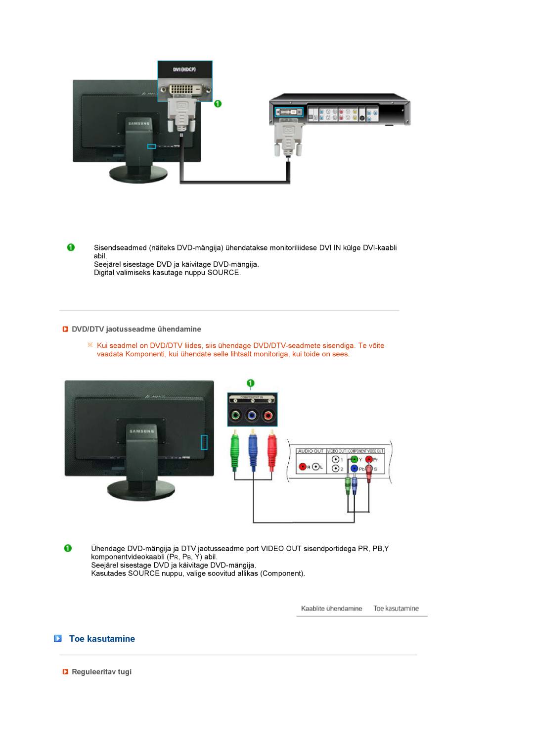 Samsung LS27HUBCB/EDC manual Toe kasutamine, DVD/DTV jaotusseadme ühendamine, Reguleeritav tugi 