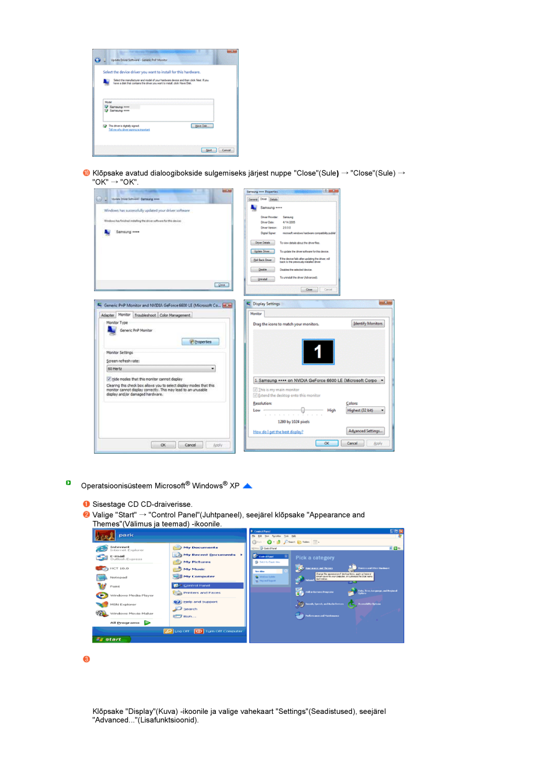 Samsung LS27HUBCB/EDC manual Operatsioonisüsteem Microsoft Windows XP Sisestage CD CD-draiverisse 